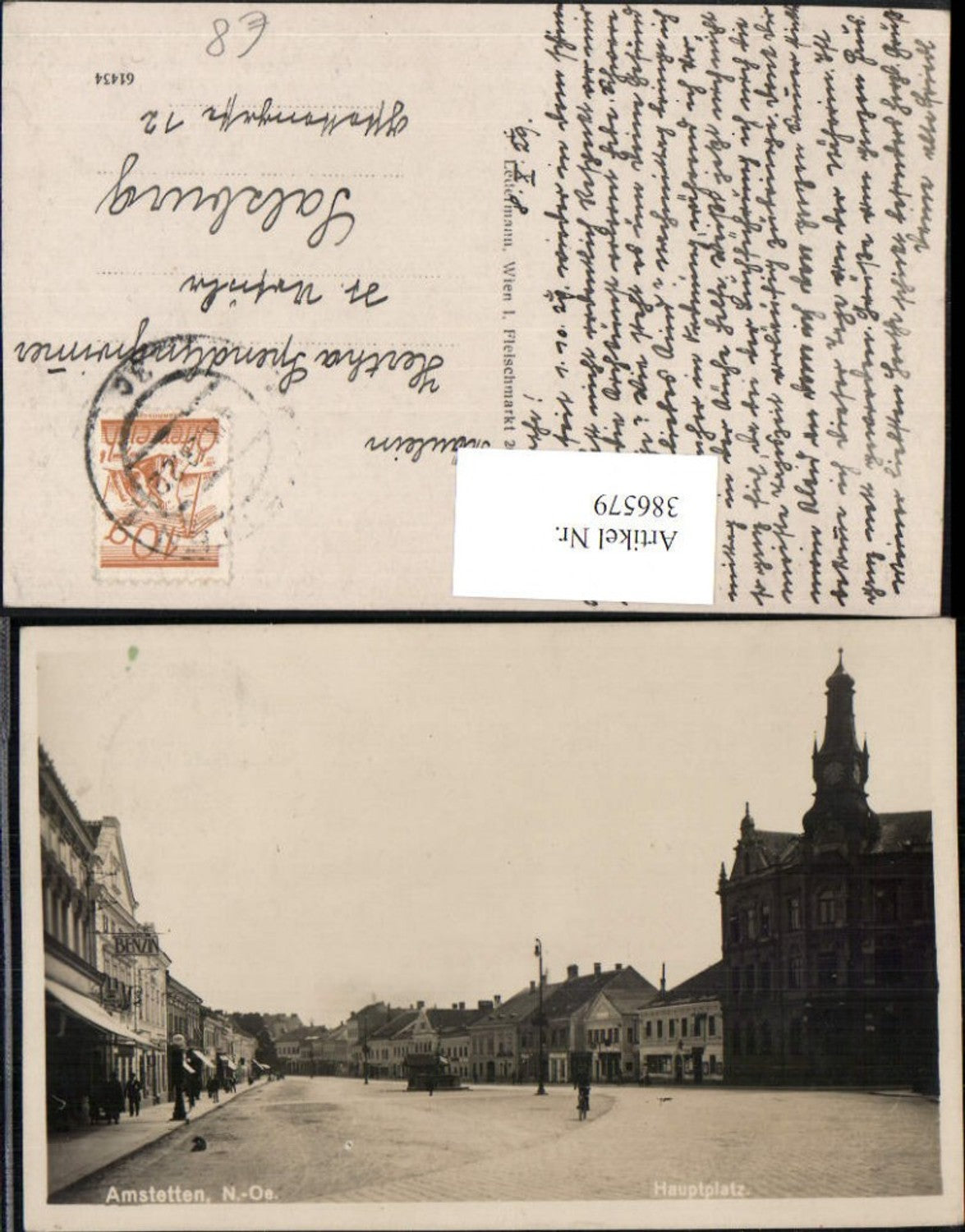 386579,Amstetten Hauptplatz Rathaus Geschäfte Benzin Brunnen
