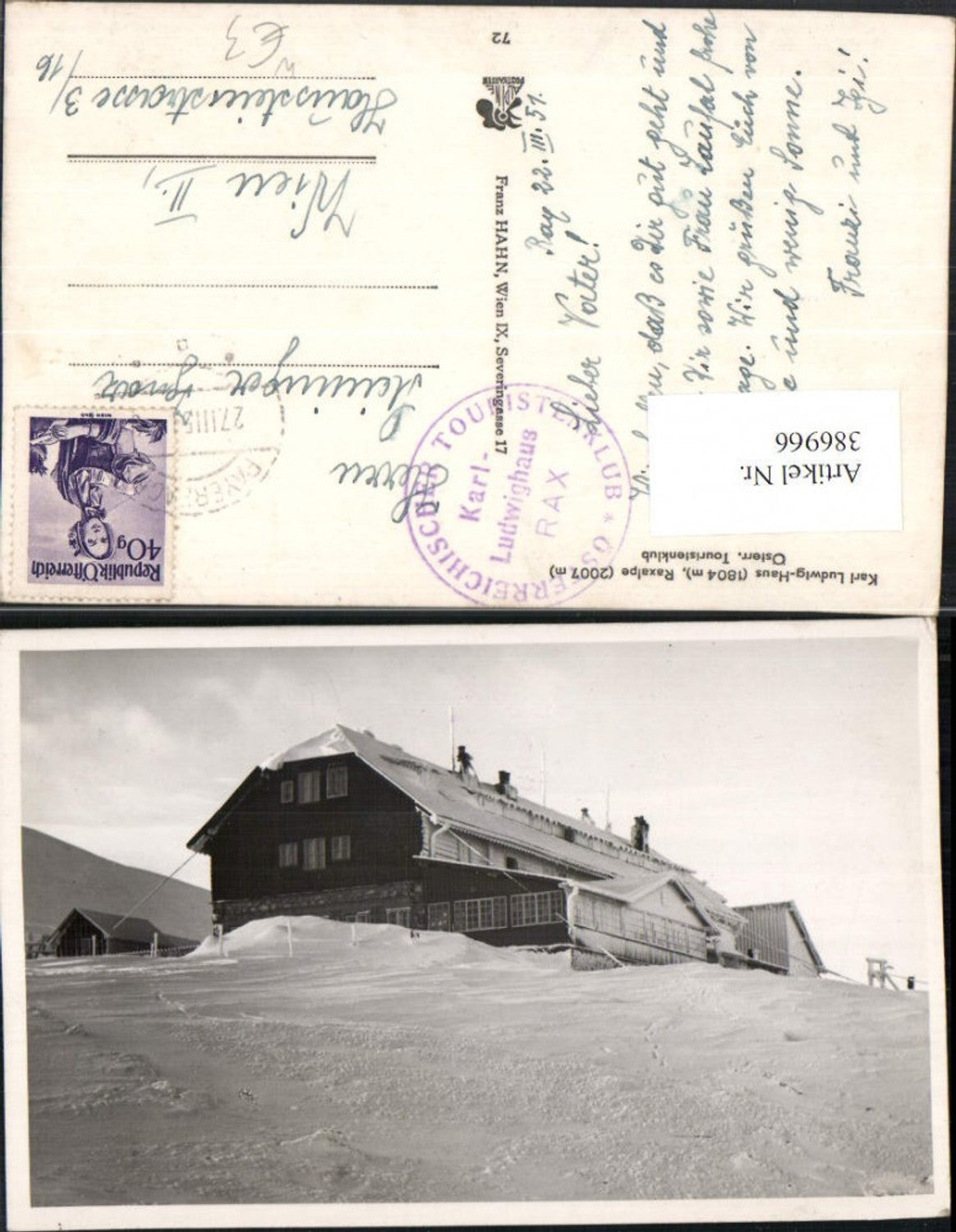 386966,Raxalpe Karl Ludwig-Haus Berghütte b. Prein Winterbild