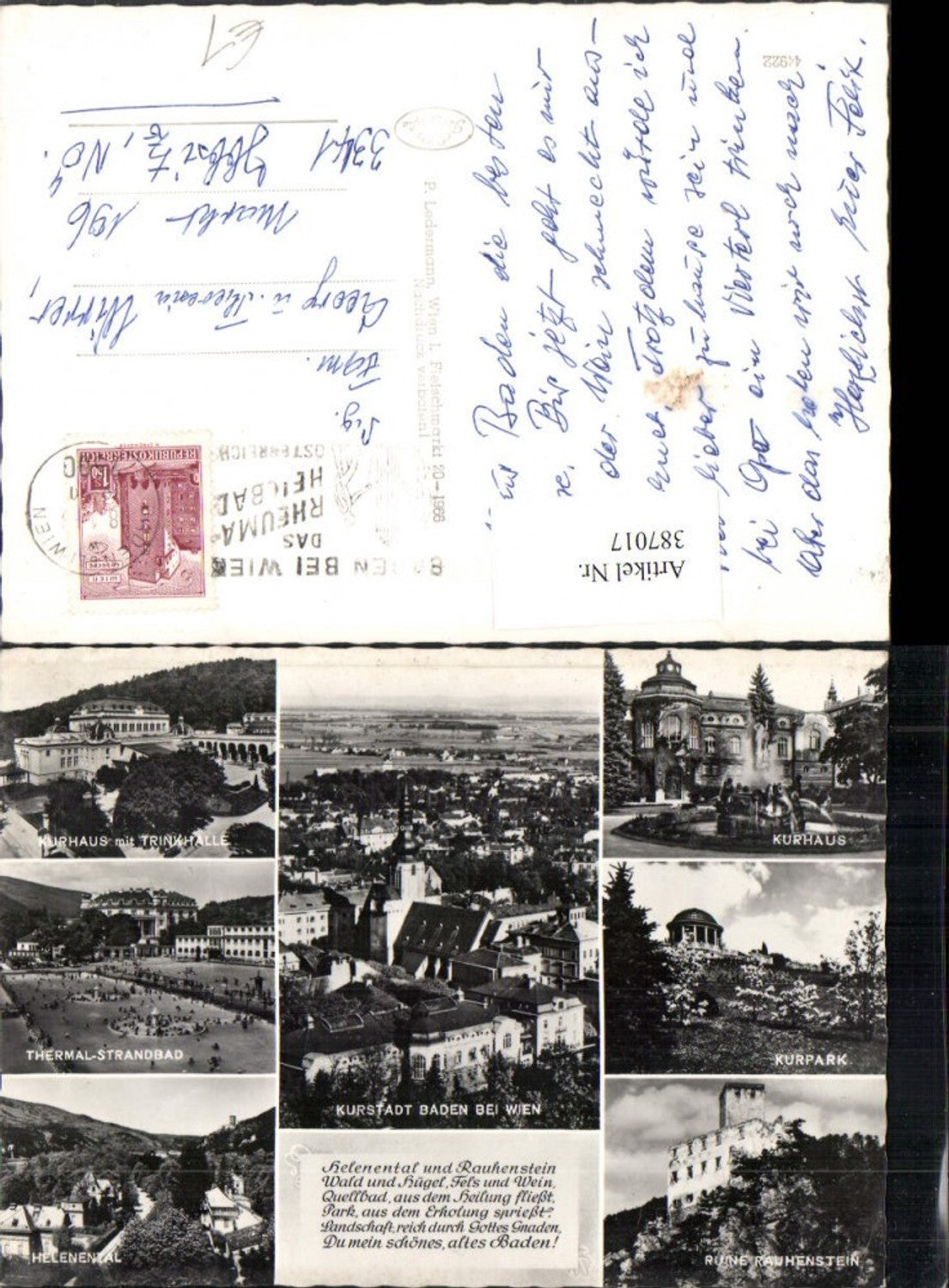 387017,Baden b. Wien Totale Kurhaus Kurpark Helenental Ruine Rauhenstein Mehrbildkarte
