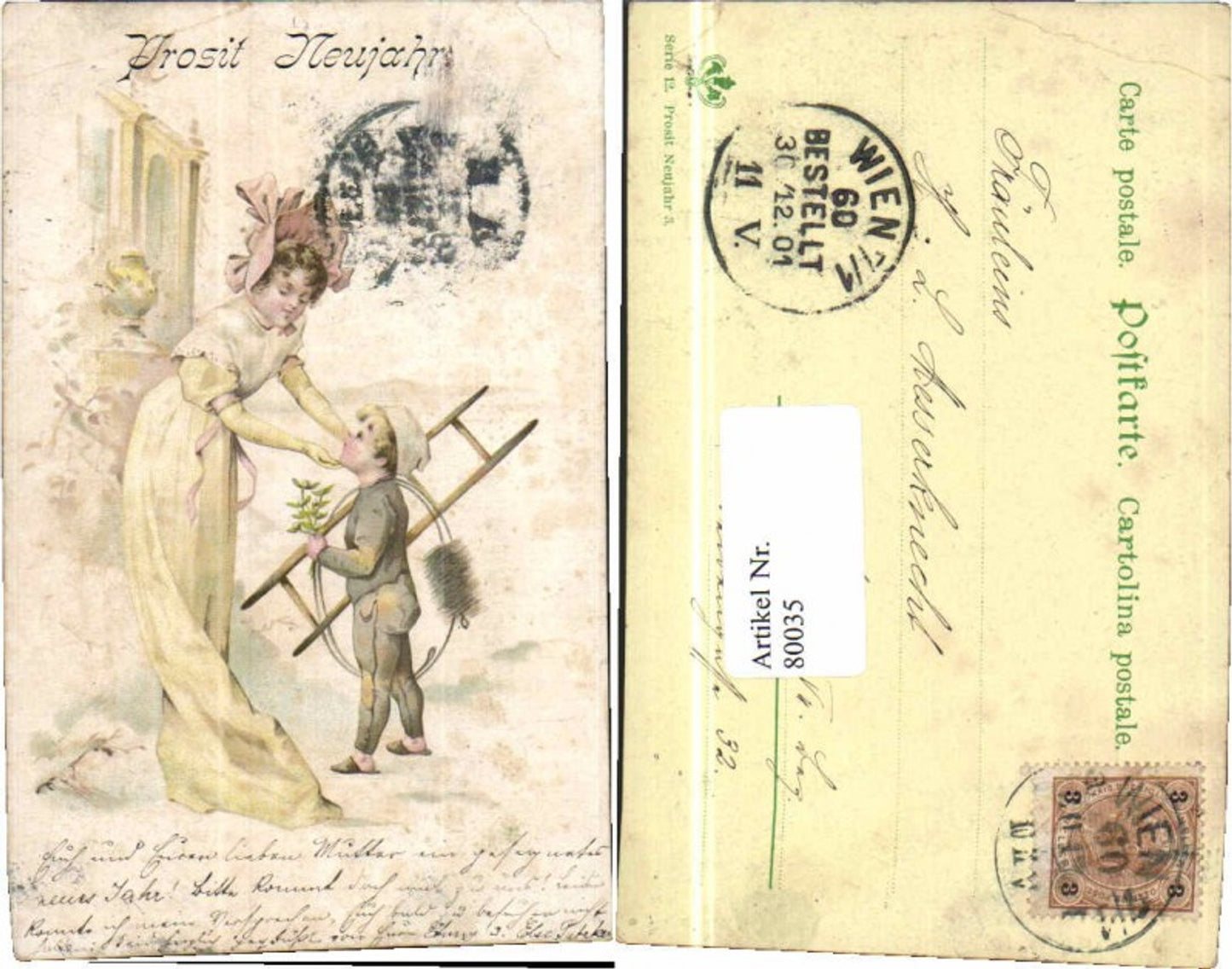 80035,Litho Neujahr Jugendstil Schornsteinfeger Frau Hut Kleid