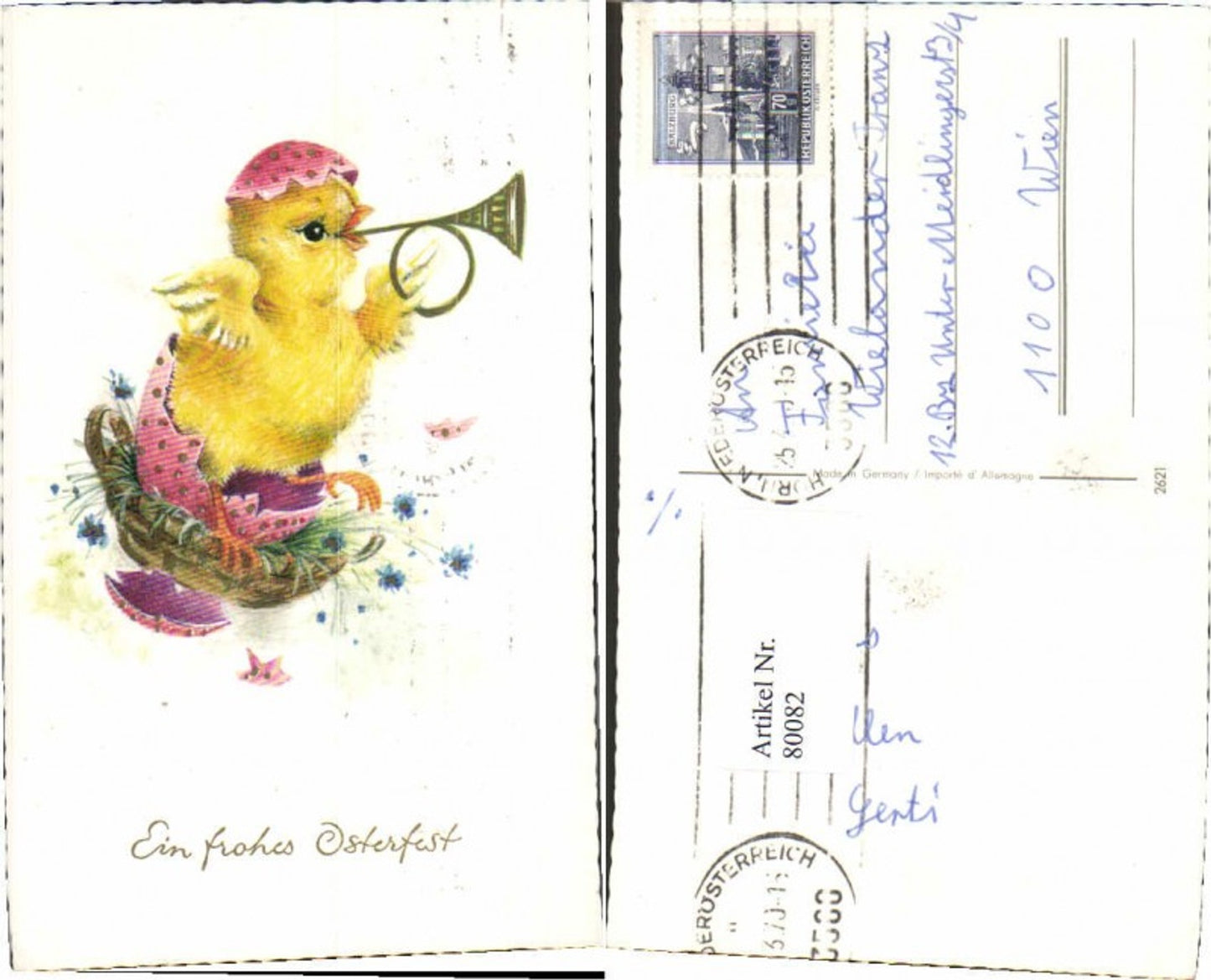 80082,Ostern Küken bläst Posaune Osterei