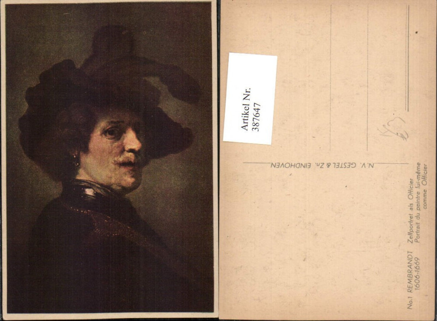 387647,Künstler AK Rembrandt 1 Zelfportret als Officier Mann m. Federhut Portrait