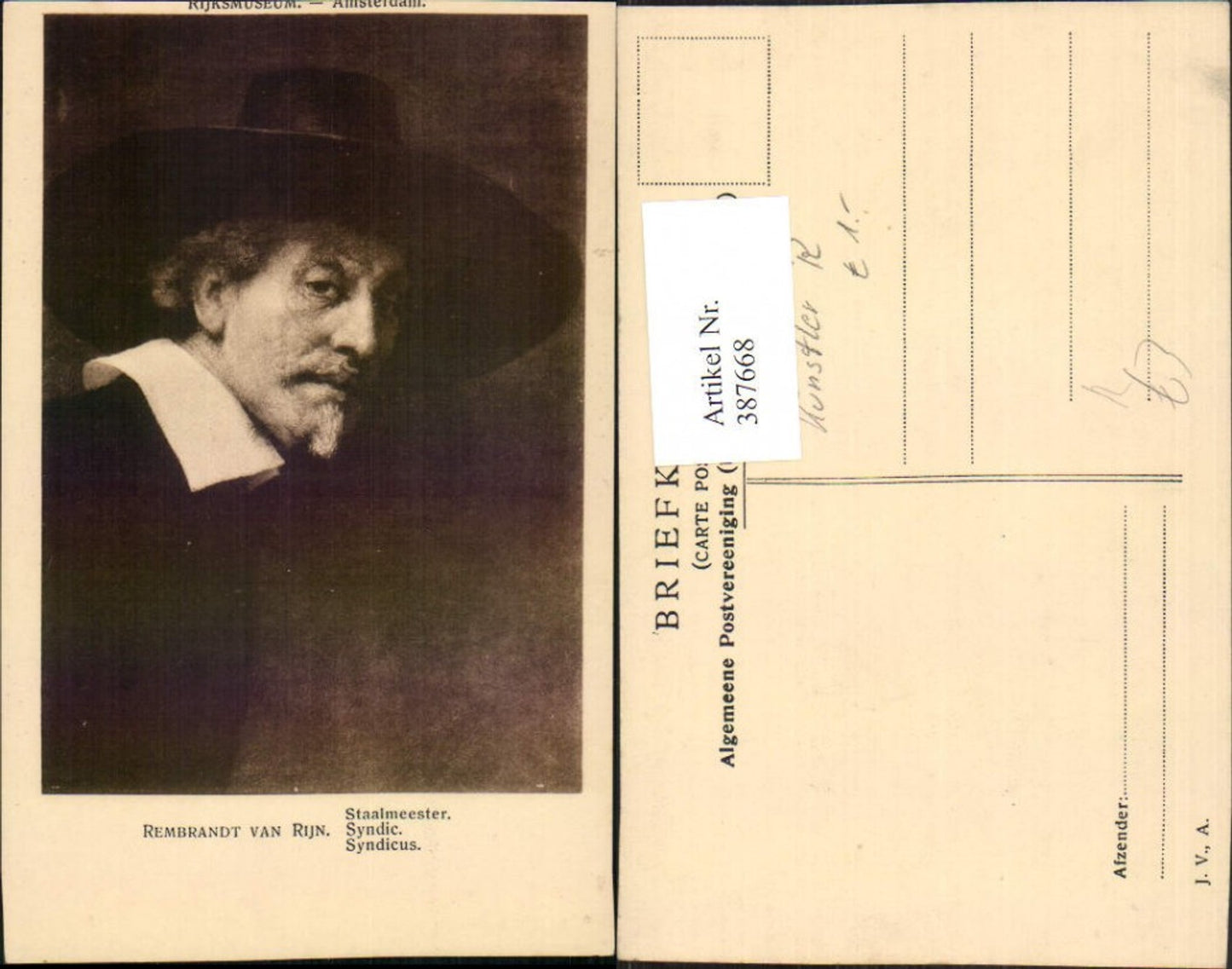 387668,Künstler AK Rembrandt van Rijn Staalmeester Syndicus Mann m. Hut Portrait