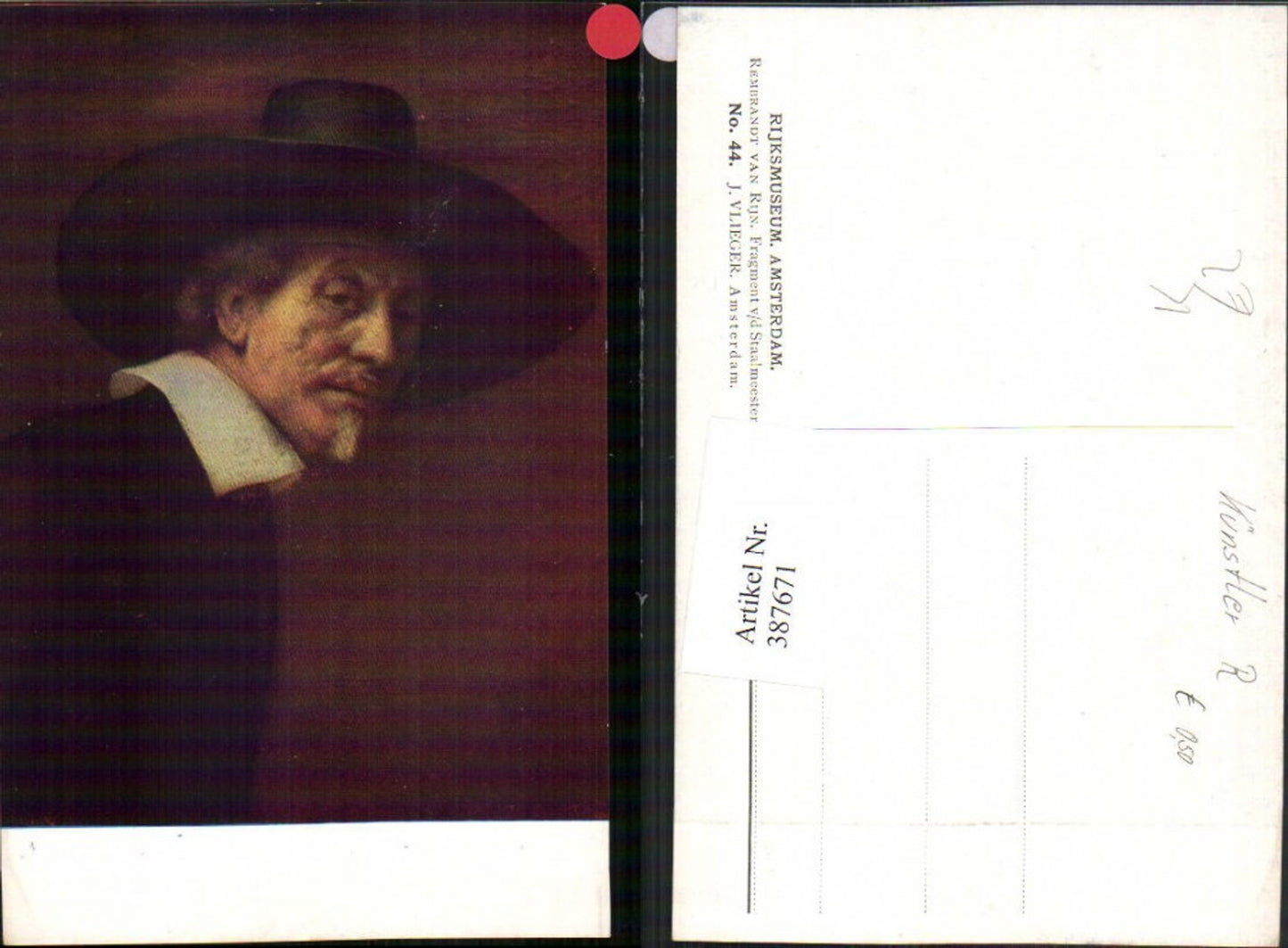 387671,Künstler AK Rembrandt van Rijn Fragment Staalmeester Mann m. Hut Portrait