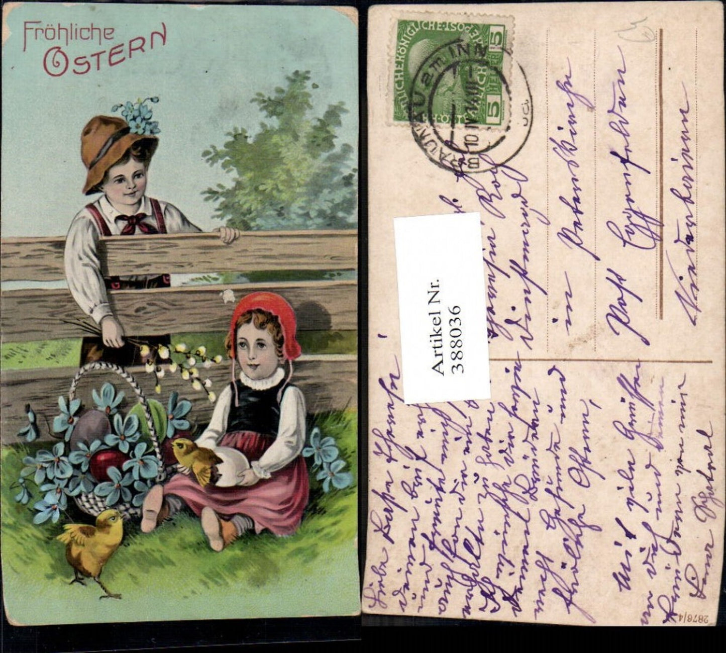 388036,Künstler Ak Kinder Tracht m. Küken Korb Ostereier Eier Blumen Holzzaun
