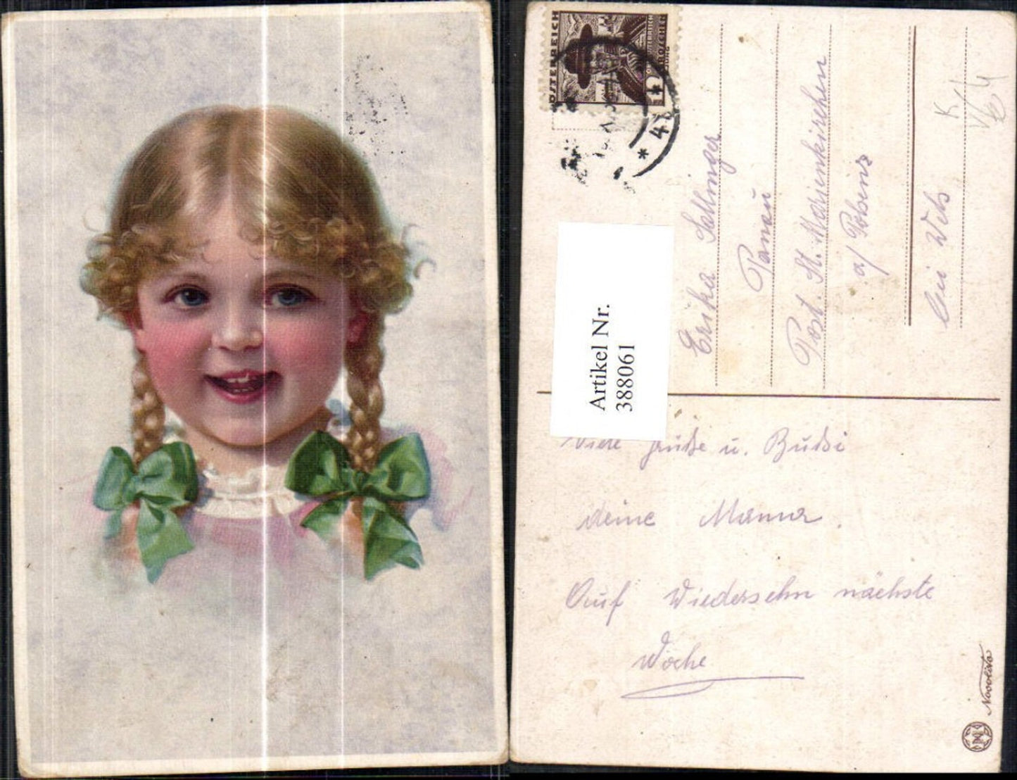 388061,Künstler Ak Kind Mädchen Blonde Zöpfe Haarschleifen Portrait pub Novolito