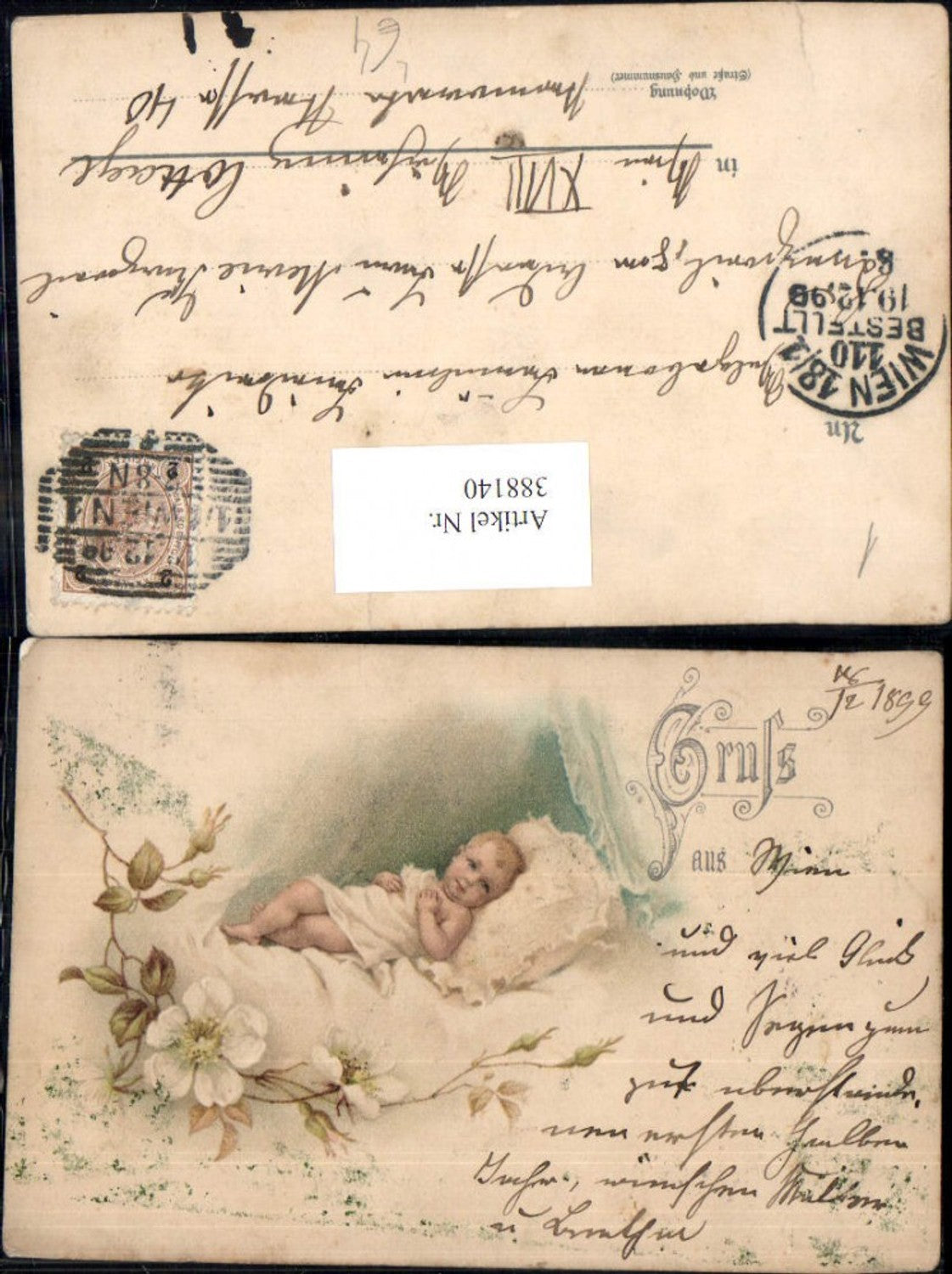388140,Litho Kind Kleinkind in Bett liegend Blumen Apfelblüte Blütenzweig