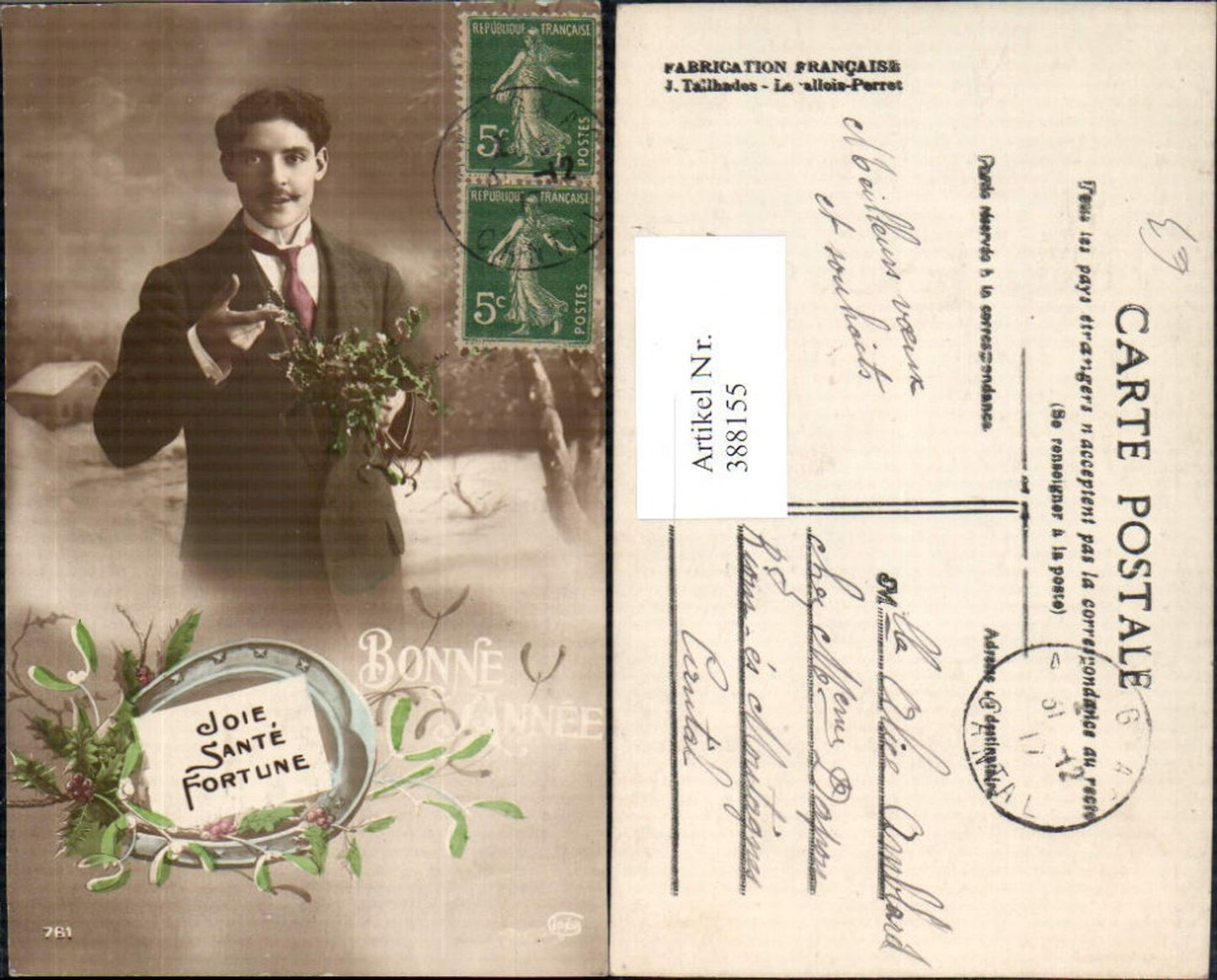 388155,Mann Anzug m. Stechpalmen Zweige v. Wintermotiv Hufeisen Bonne Annee