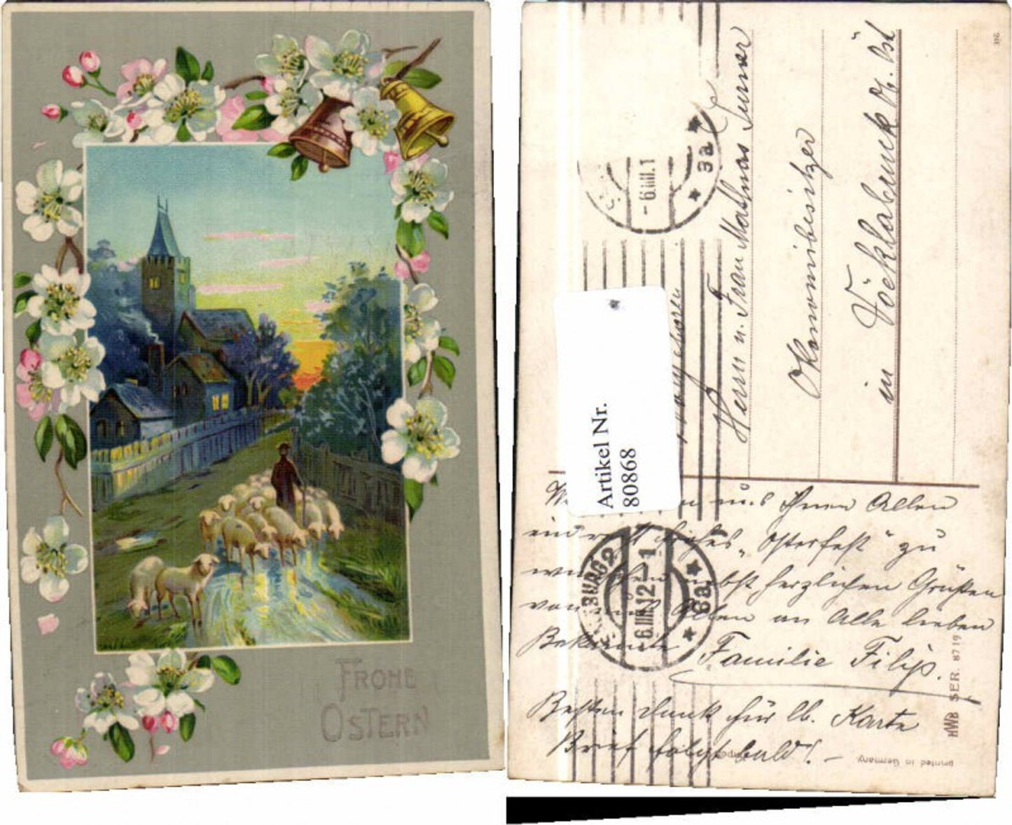 80868,Ostern Hirte m. Schafherde Schafe Blumen Litho HWB 8719