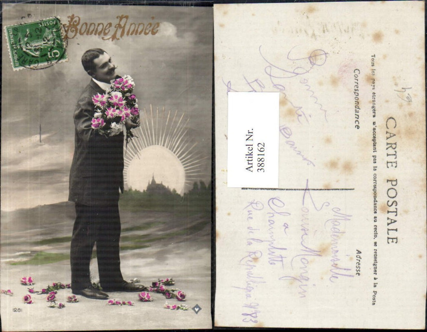 388162,Mann Anzug Hufeisen Blumen Strauß Bonne Fete Goldschrift