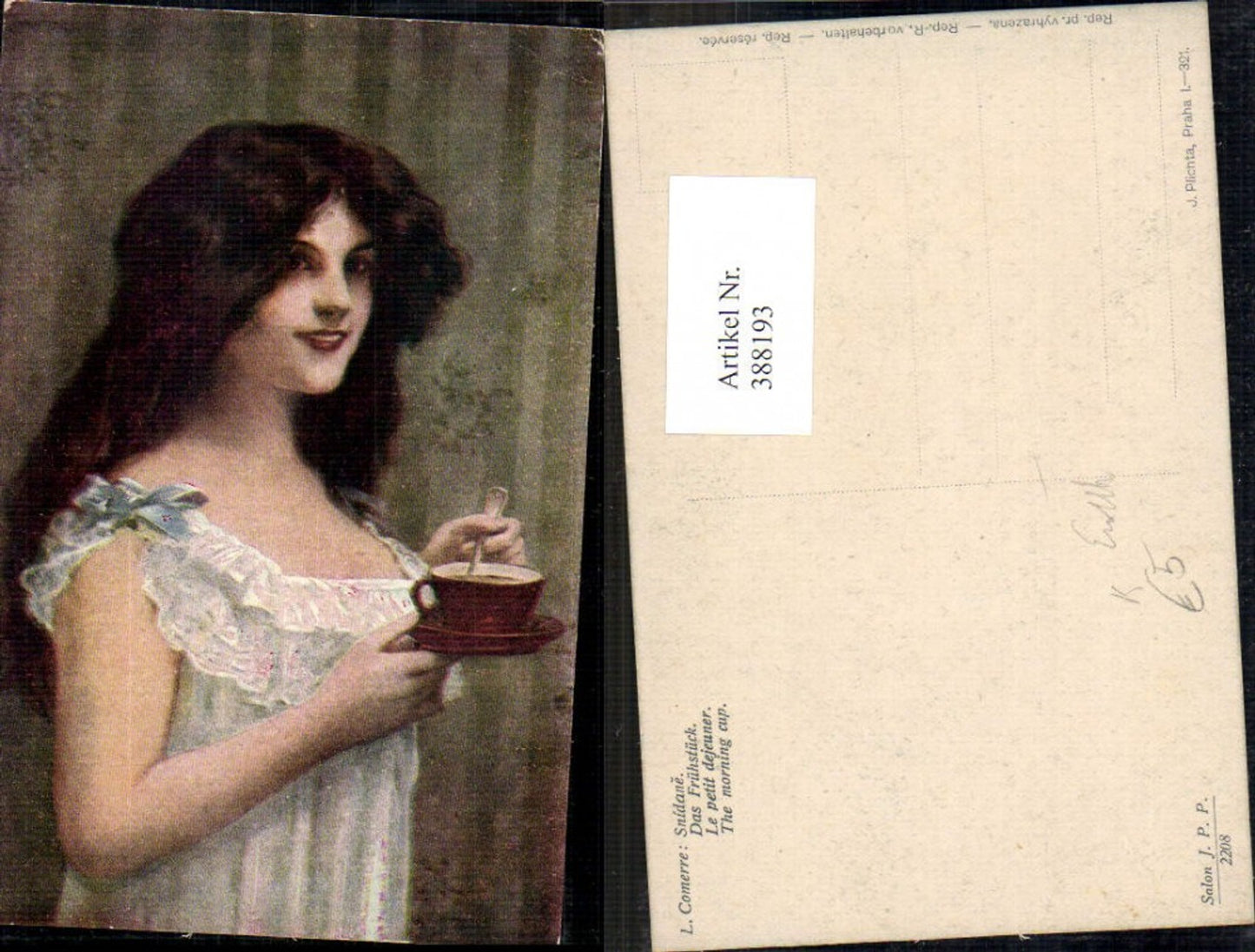 388193,Künstler Ak L. Comerre Das Frühstück Frau Nachthemd m. Kaffeetasse Erotik