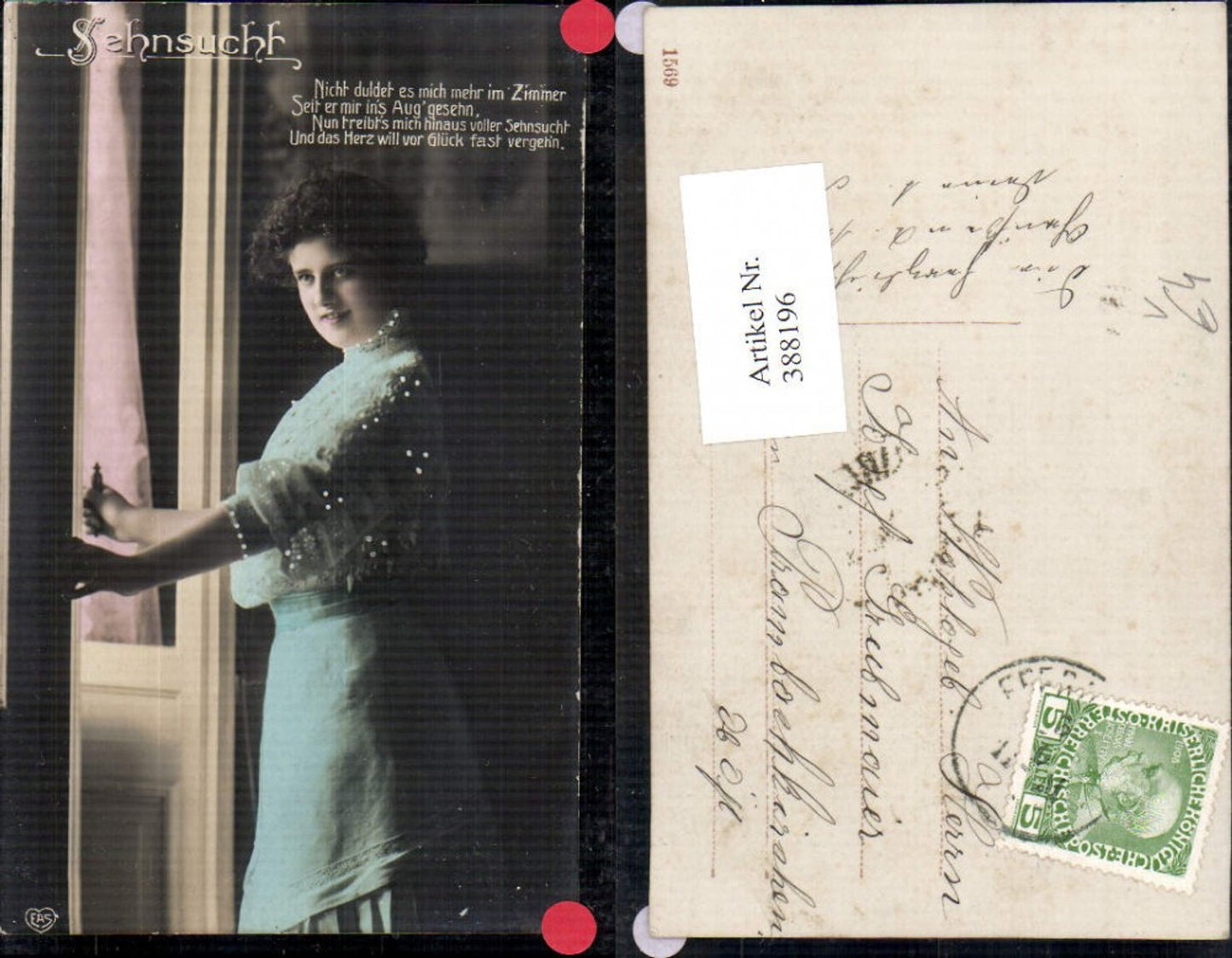 388196,Frau Lockenkopf Kleid b. Tür stehend Sehnsucht Spruch pub EAS 3