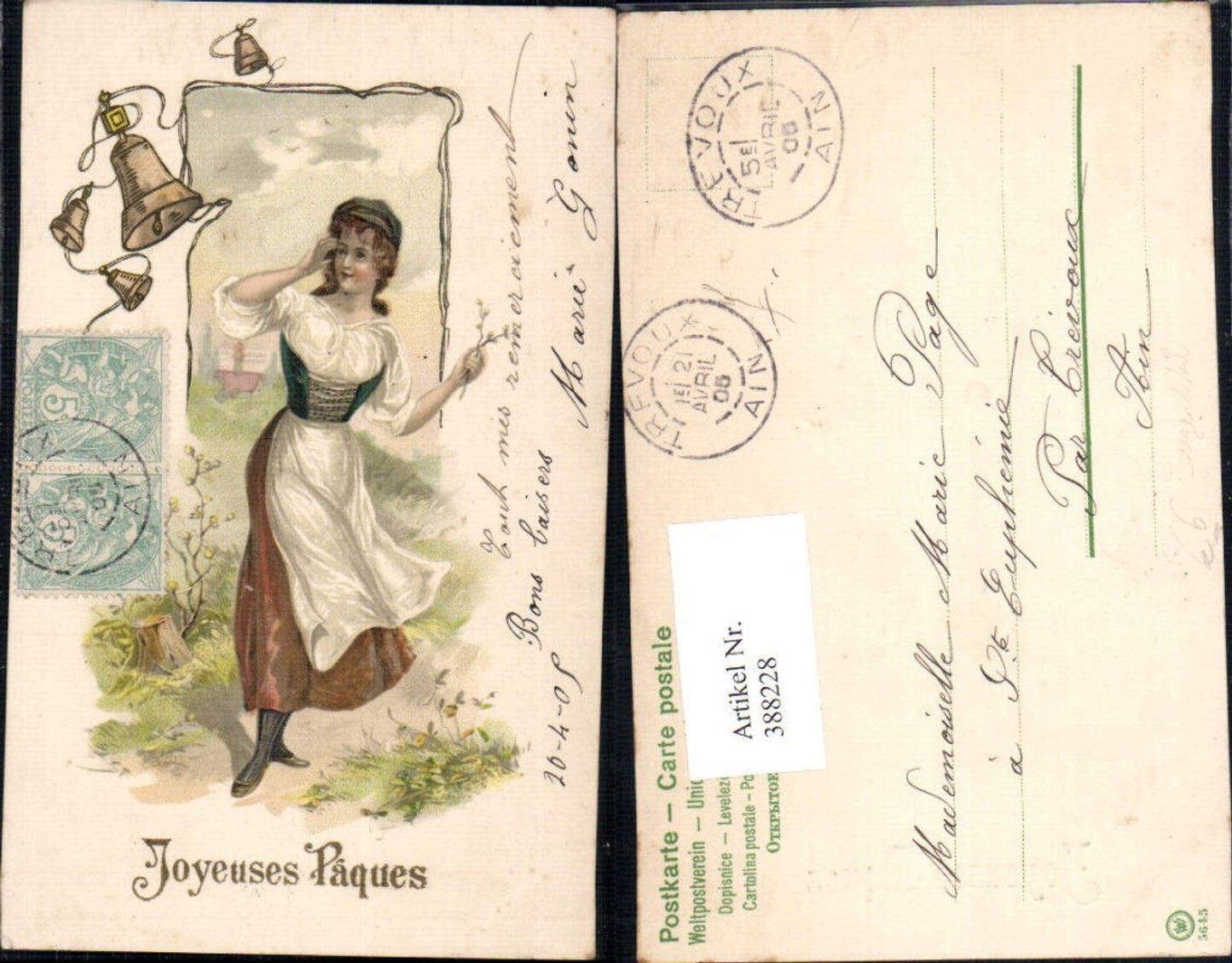 388228,Künstler Ak Jugendstil Frau Miederkleid Glocken Joyeuses Paques Goldschrift