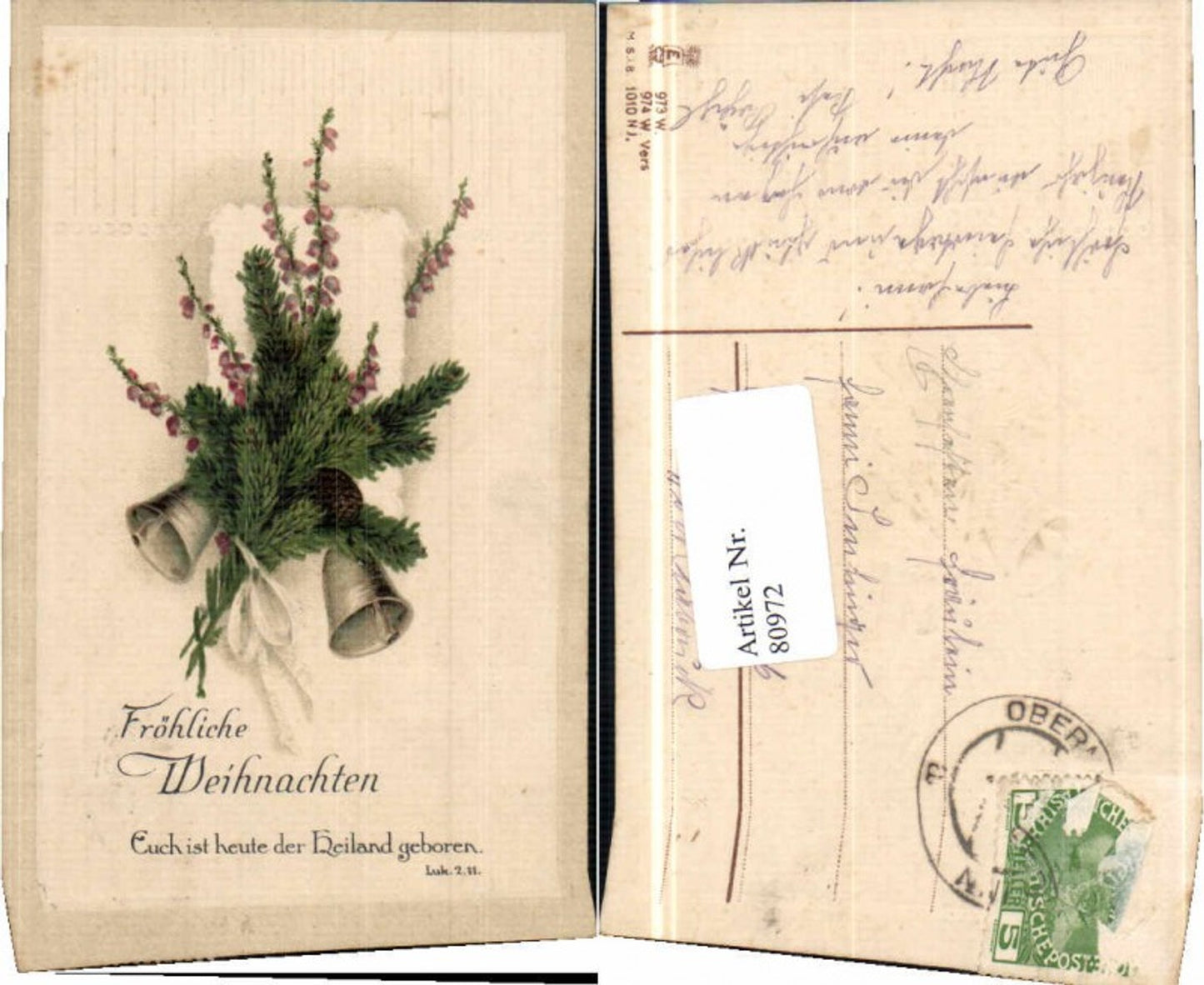 80972, Christmas stamp, bells, branches, saying, Luke Gospel
