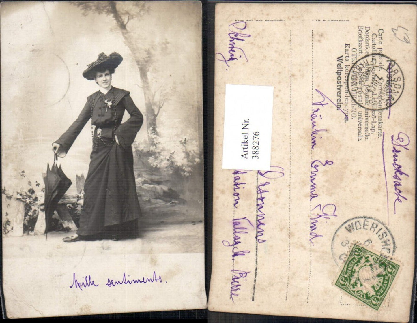 388276,Frau mit Hut Schirm Halskette