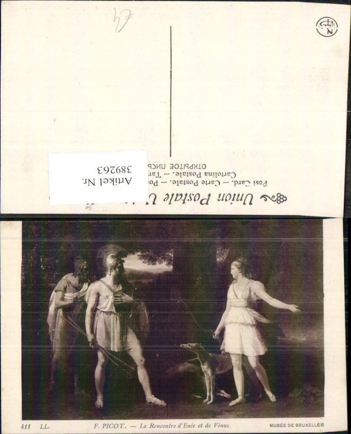 389263,Künstler Ak F. Picot La Rencontre d Enee et de Venus Antike Kämpfer Hund