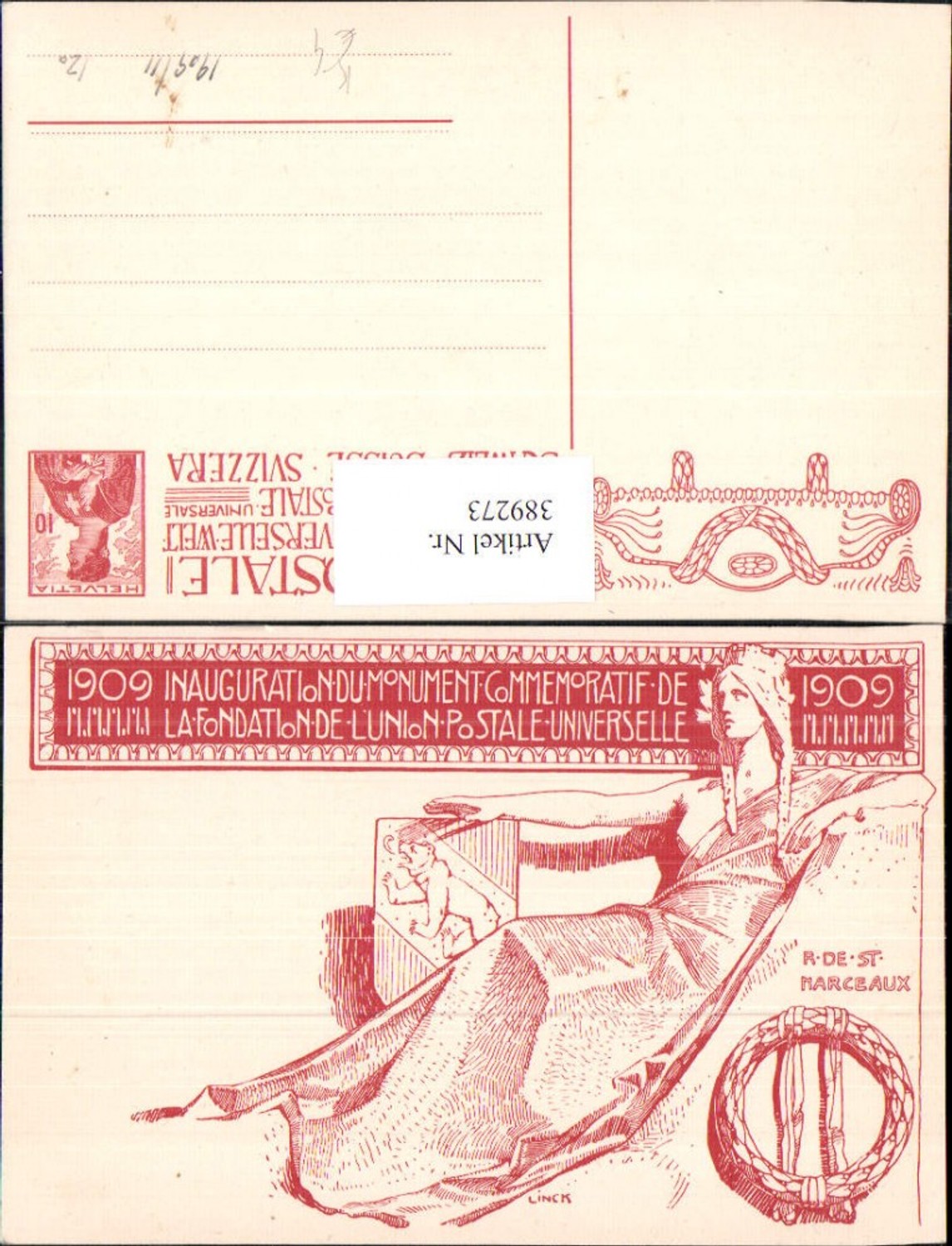 389273,Künstler Ak Linck Inauuration du Monument Postverein Schweiz R de ST Marceaux 1909