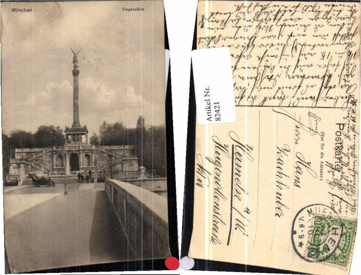 82421,München Siegessäule Oldtimer Auto Leute 1910
