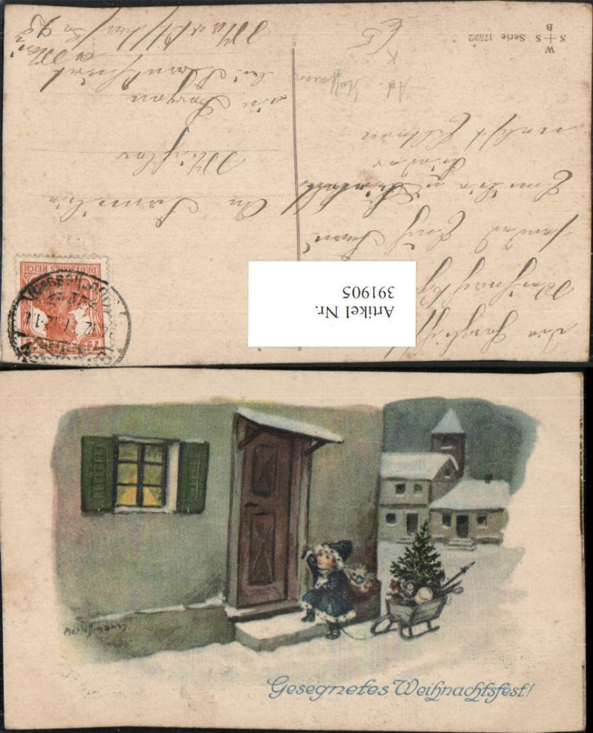 391905,Künstler AK Ad. Hoffmann Weihnachten Kind m. Schlitten Rodel Haustür