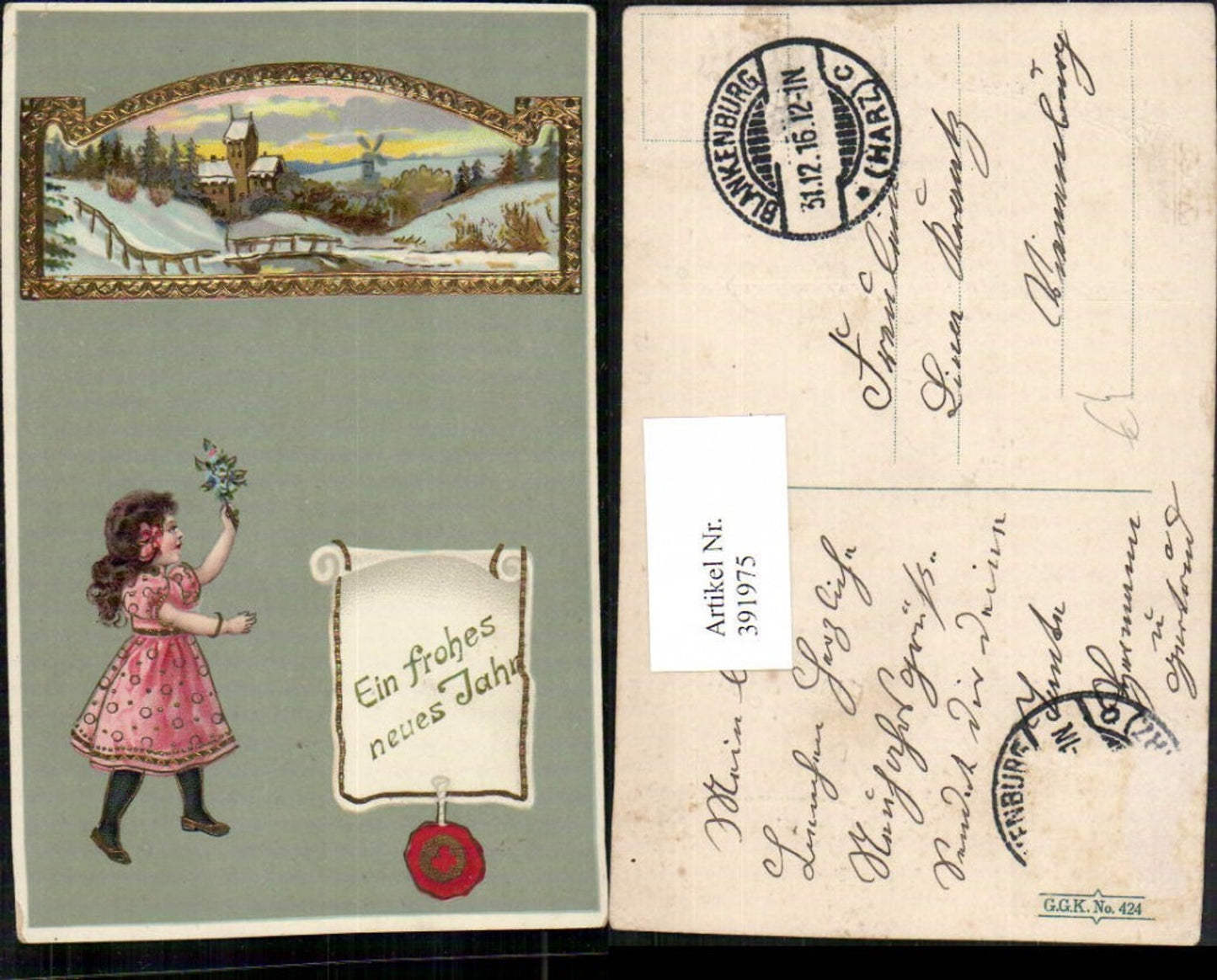 391975,Präge Künstler AK Neujahr Winterlandschaft Windmühle Passepartout Mädchen