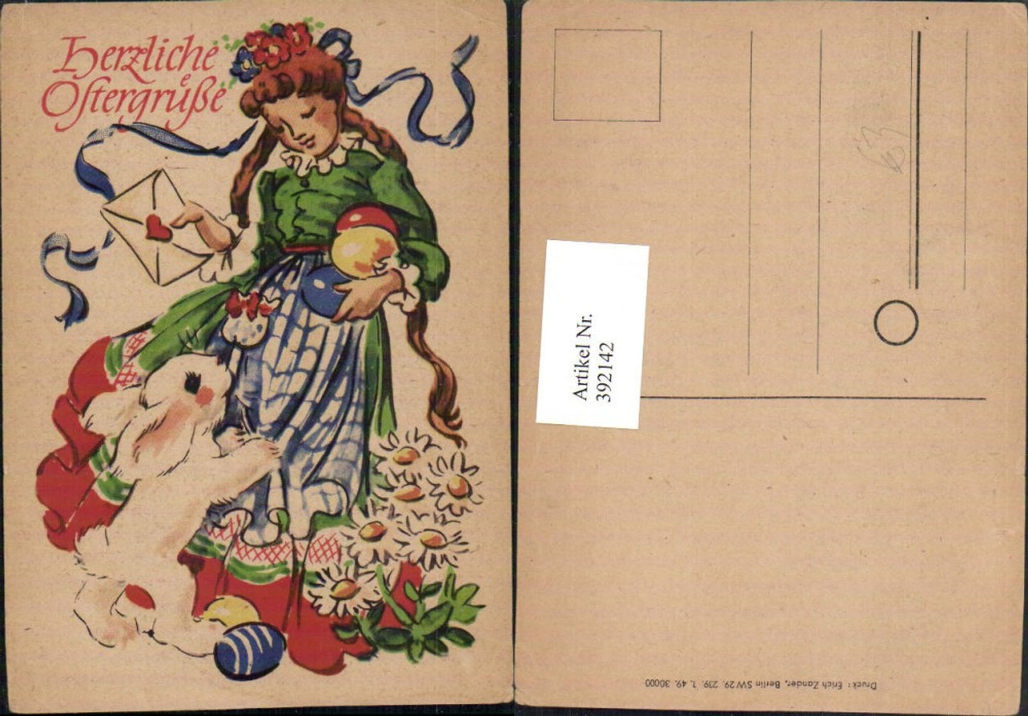 392142, Artist AK Easter Woman with Dress Letter Easter Eggs Rabbit Flowers