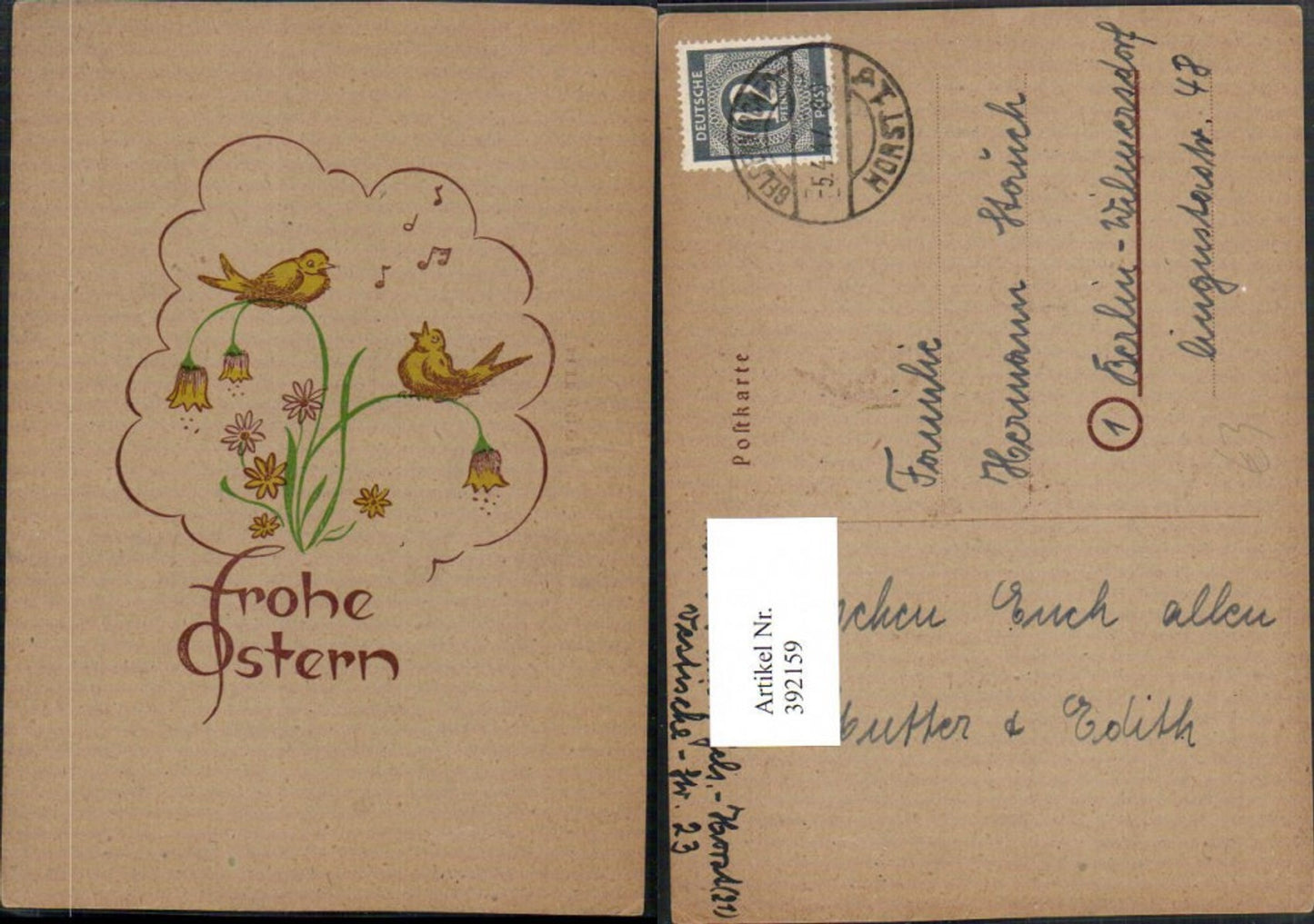 392159, Artist AK Easter Flowers Bellflower Birds Notes