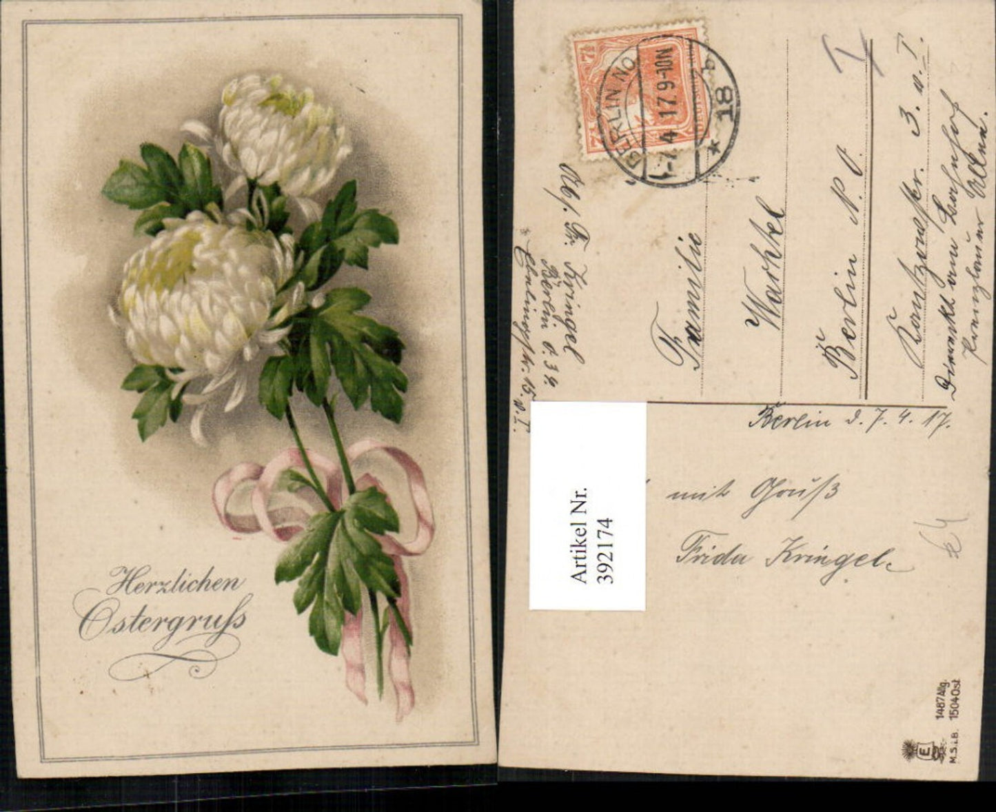 392174,Künstler AK Ostern Chrysanthemen Blumen Schleife