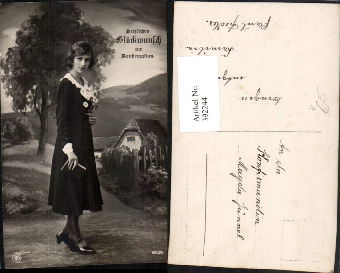 392244,Konfirmation Mädchen m. Kleid Bibel Blumen pub NPG 980/5