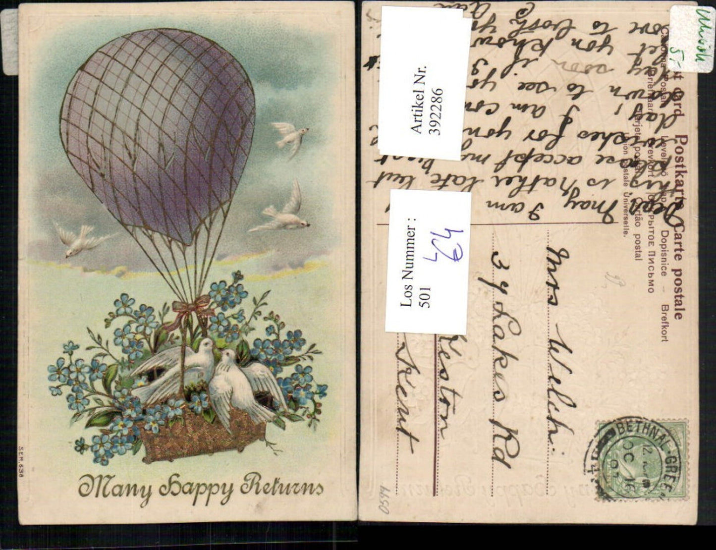 392286,Präge Litho Goldverzierung Many happy Returns Heißluftballon Tauben Vögel Blumen