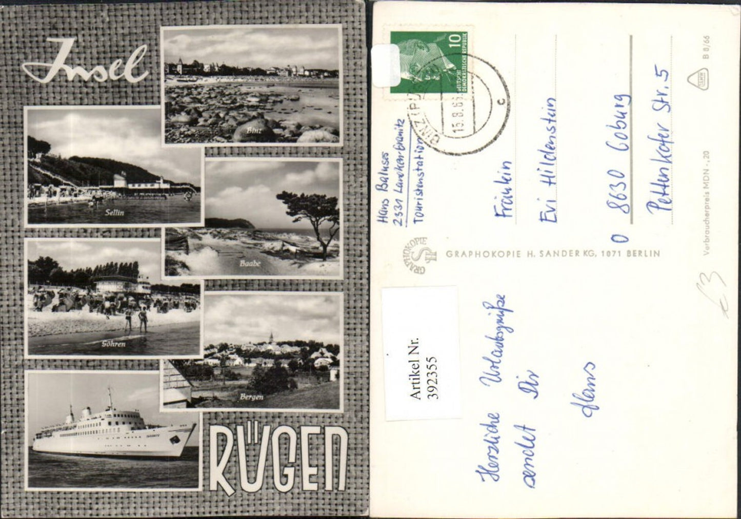392355,Insel Rügen Binz Sellin Baabe Göhren Bergen Dampfer Schiff Sassnitz Mehrbildkarte