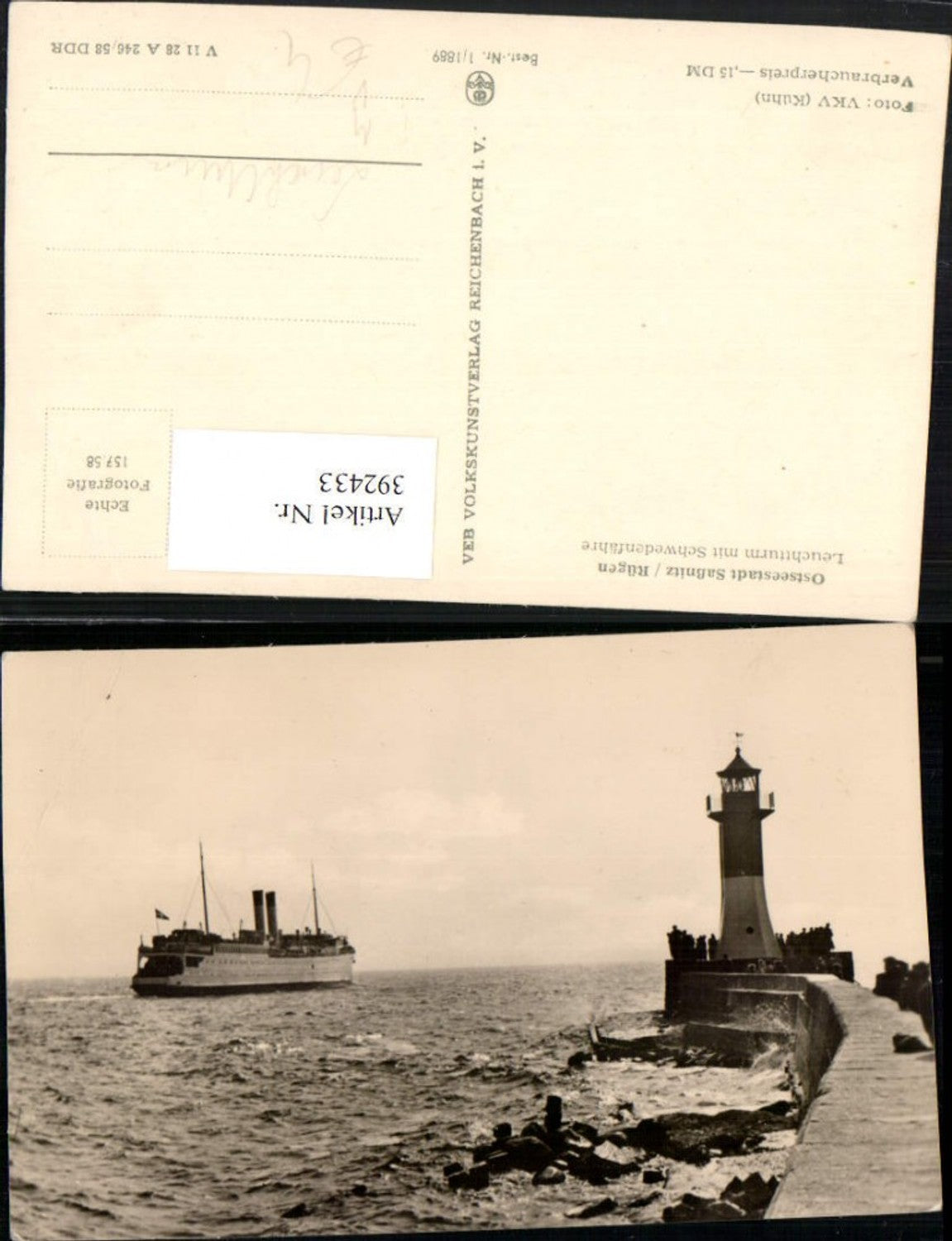 392433,Ostseebad Sassnitz auf Rügen Leuchtturm m. Schwedenfähre Dampfer pub VEB