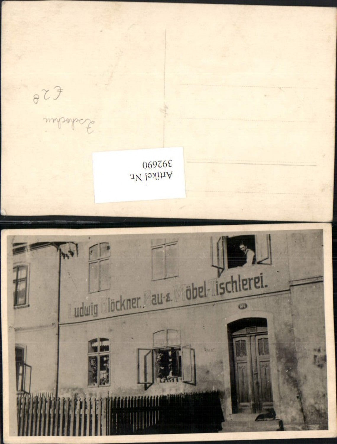 392690,Foto AK Zschochau b. Ostrau Ludwig Glöckner Bau u. Möbel-Tischlerei Haus Nr. 104