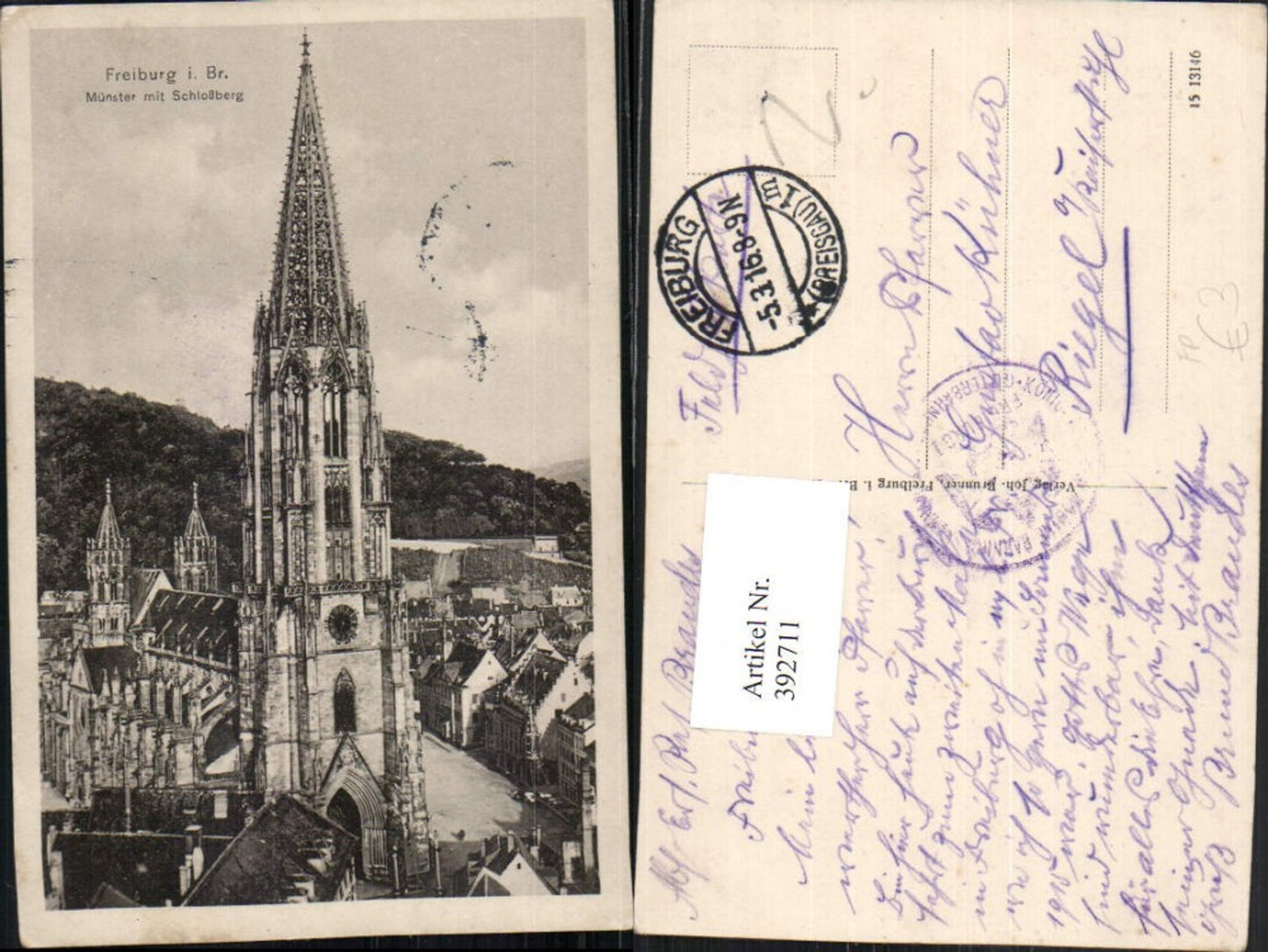 392711,Freiburg im Breisgau Münster Kirche m. Schlossberg Feldpost Stempel