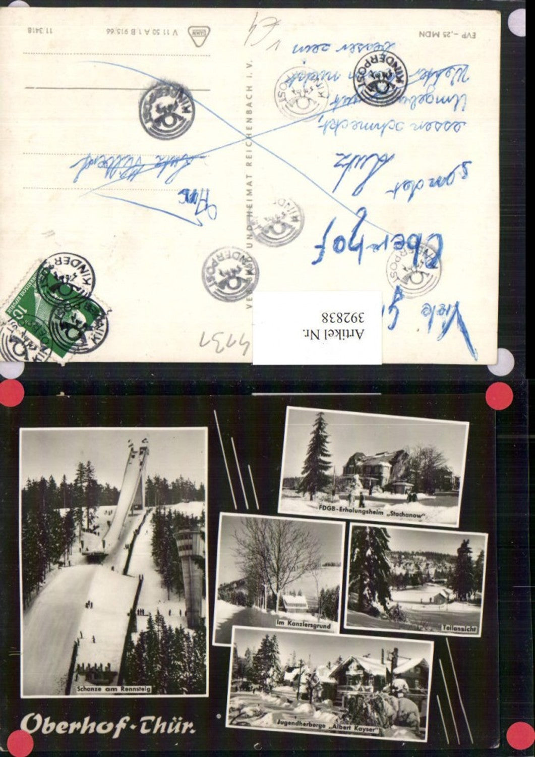 392838, Oberhof ski jump on the Rennsteig Kanzlersgrund multi-view postcard winter pictures pub VEB