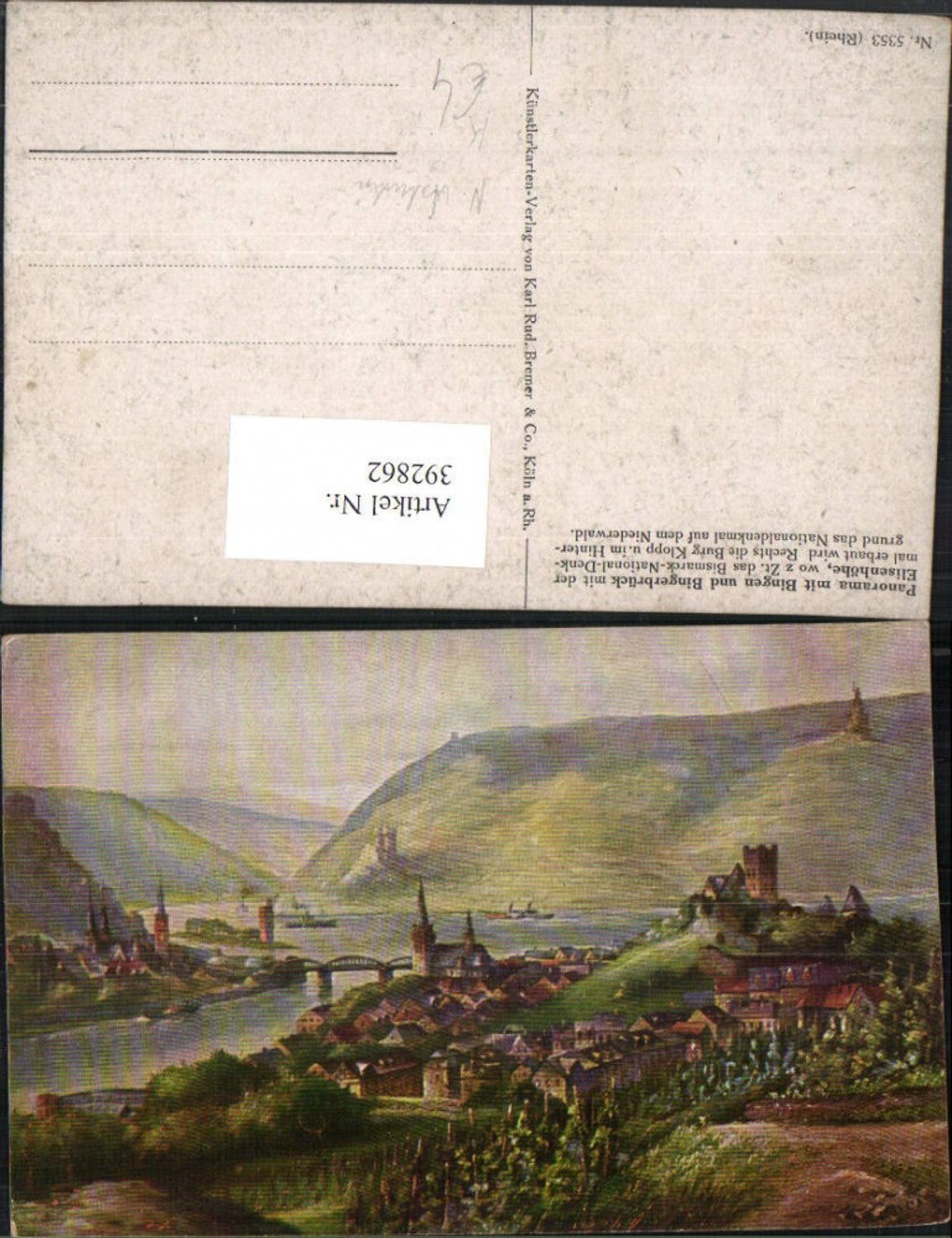 392862,Künstler AK N. Astudin Bingen u. Bingerbrück Totale m. Elisenhöhe