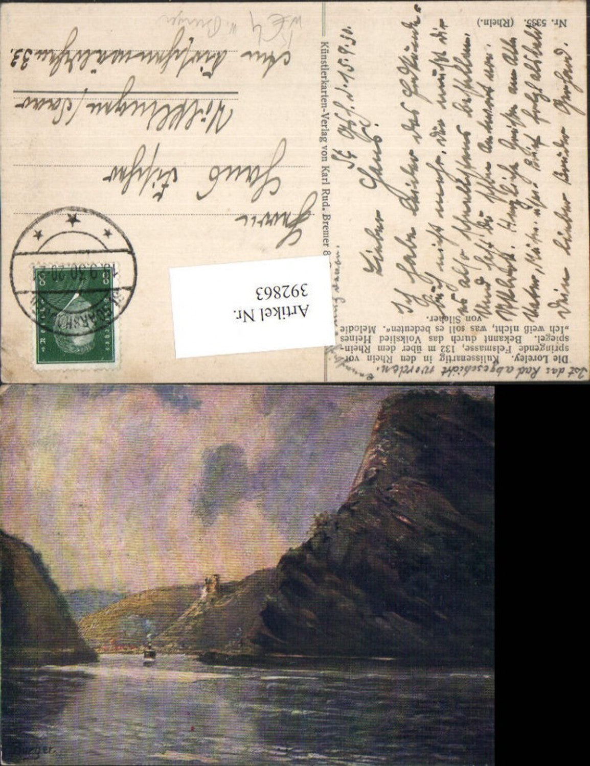 392863,Künstler AK W. Burger Loreley am Rhein Felsen b. St. Goarshausen