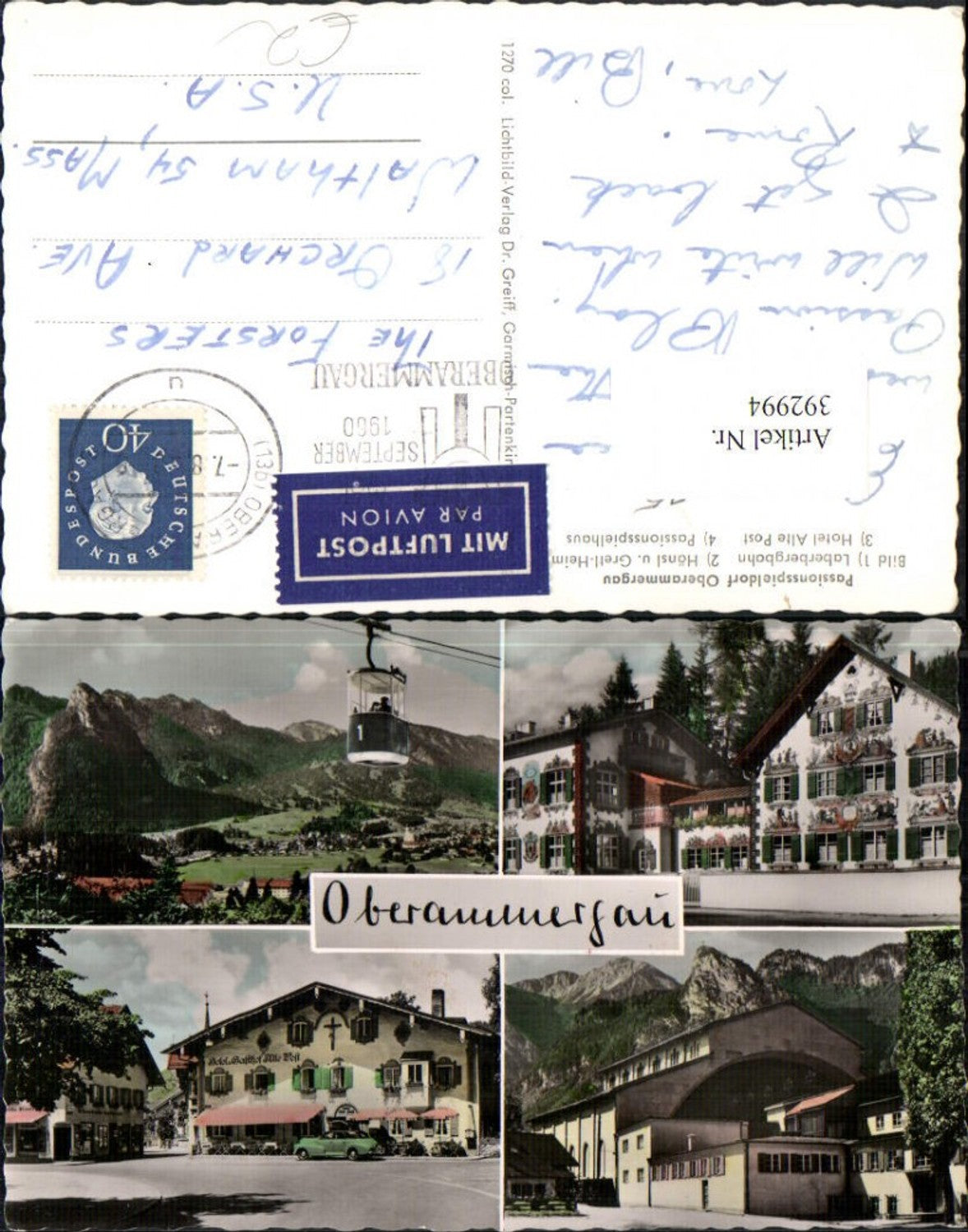 392994,Oberammergau Totale Seilbahn Passionsspielhaus Gasthof Mehrbildkarte