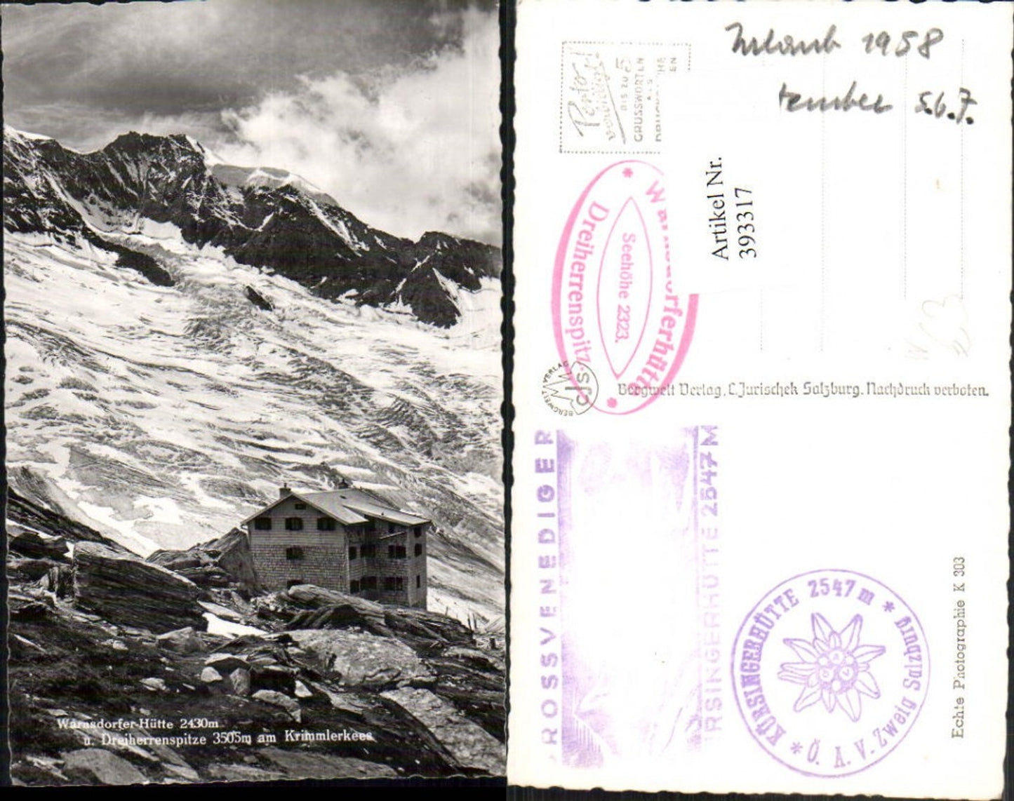 393317,Warnsdorfer-Hütte Berghütte b. Krimml m. Dreiherrenspitze Bergkulisse