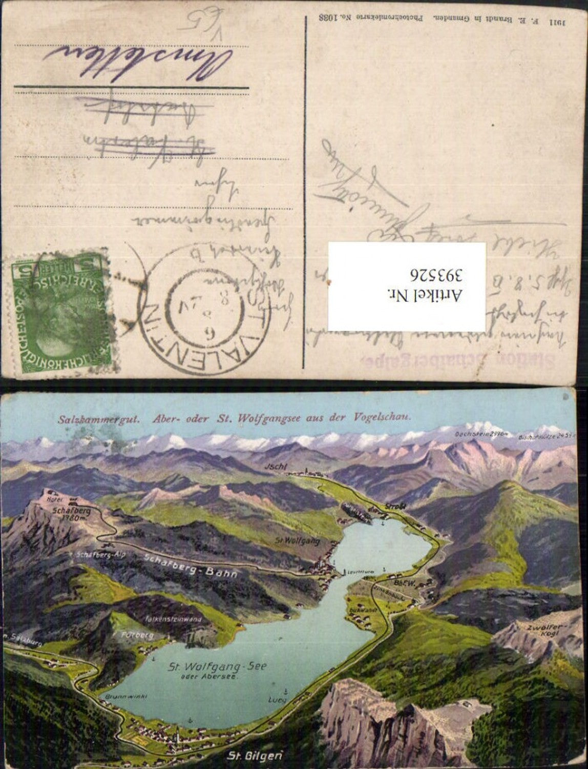 393526, Wolfgangsee from a bird's-eye view St. Gilgen St. Wolfgang Strobl pub FE Brandt 1038