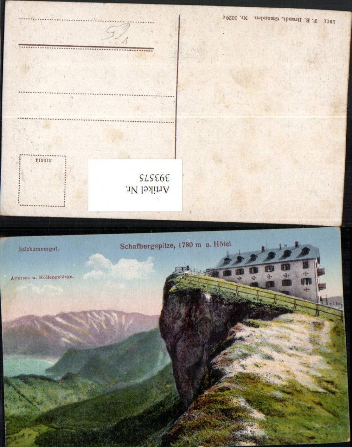 393575, Schafbergspitze and Hotel near St. Giglen with Attersee pub FE Brandt 1029c