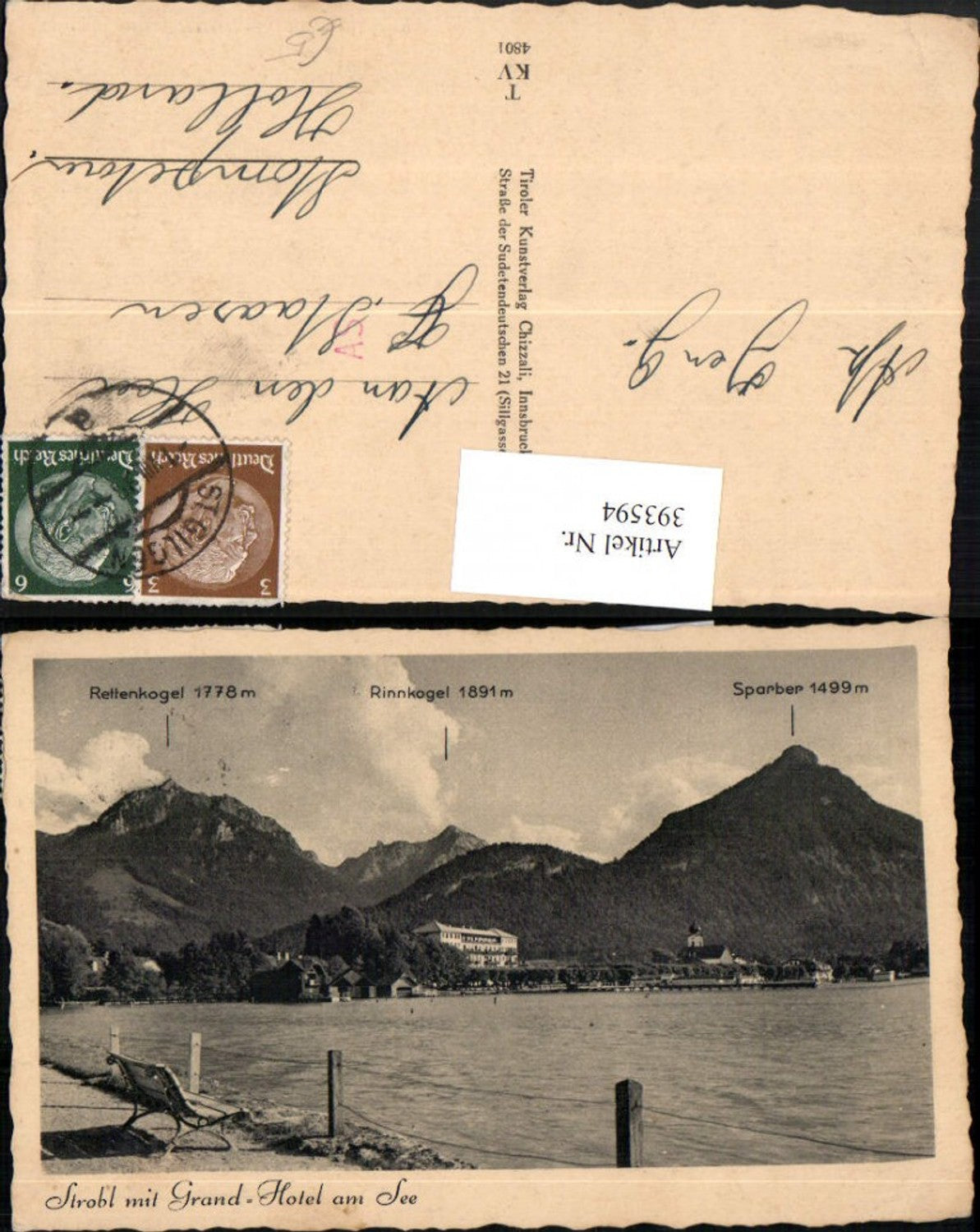 393594, Strobl partial view with Grand Hotel on the lake and mountain scenery