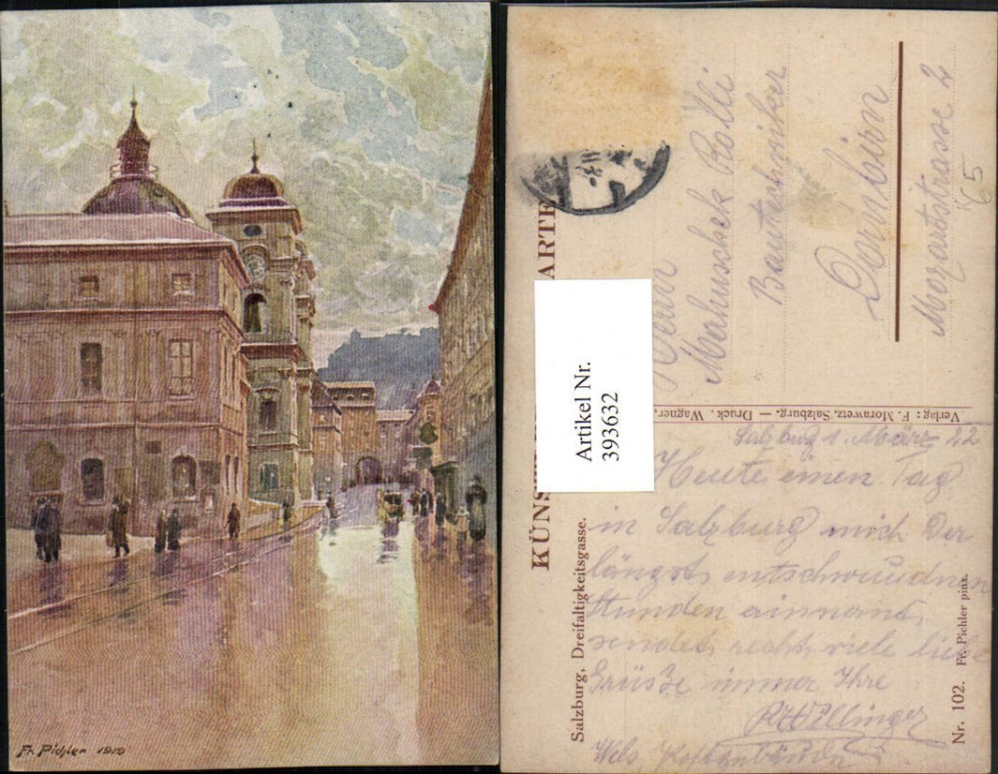 393632,Künstler AK Fr. Pichler Salzburg Dreifaltigkeitsgasse Straßenansicht