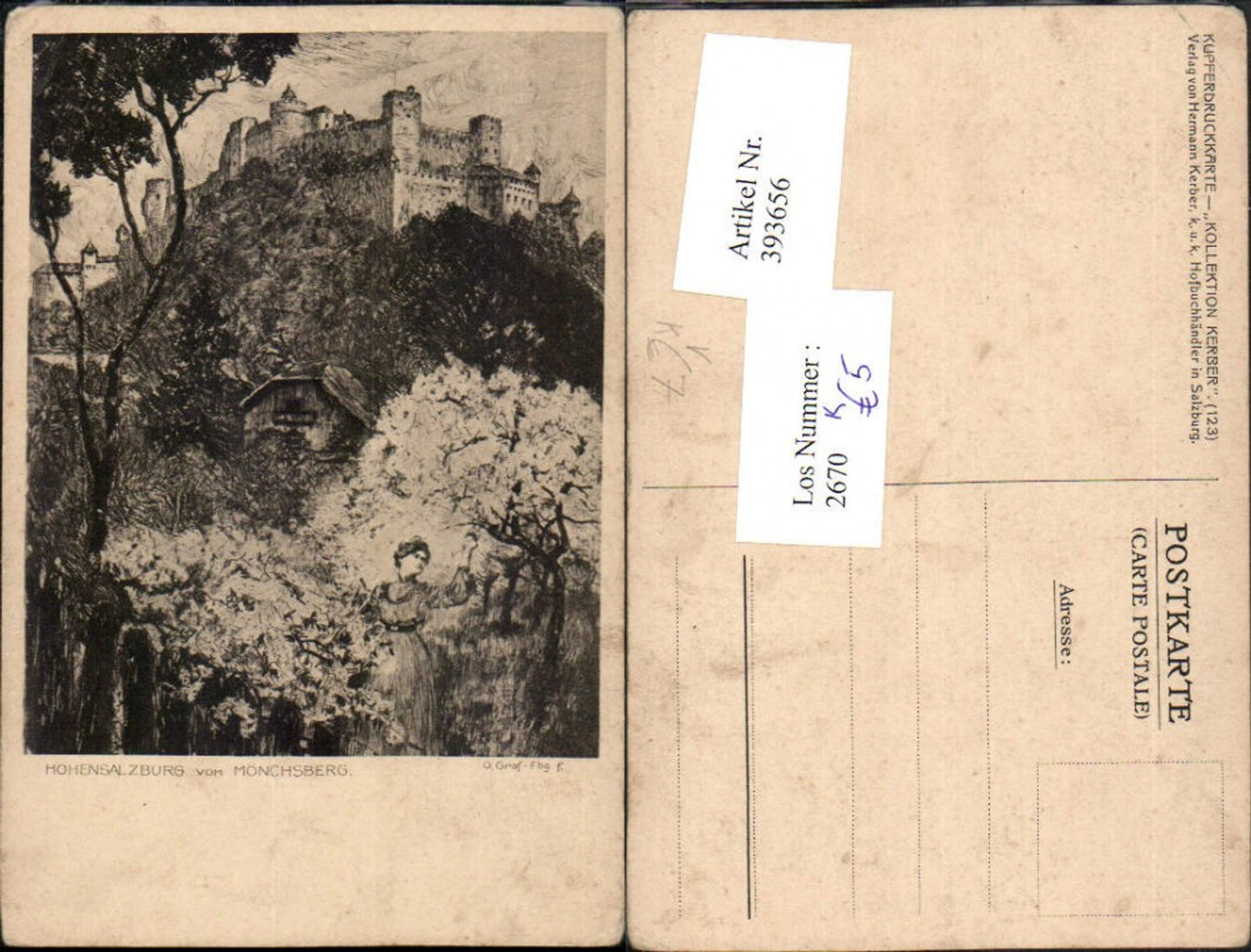 393656, Artist AK O. Graf Salzburg Hohensalzburg Fortress from the Mönchsberg