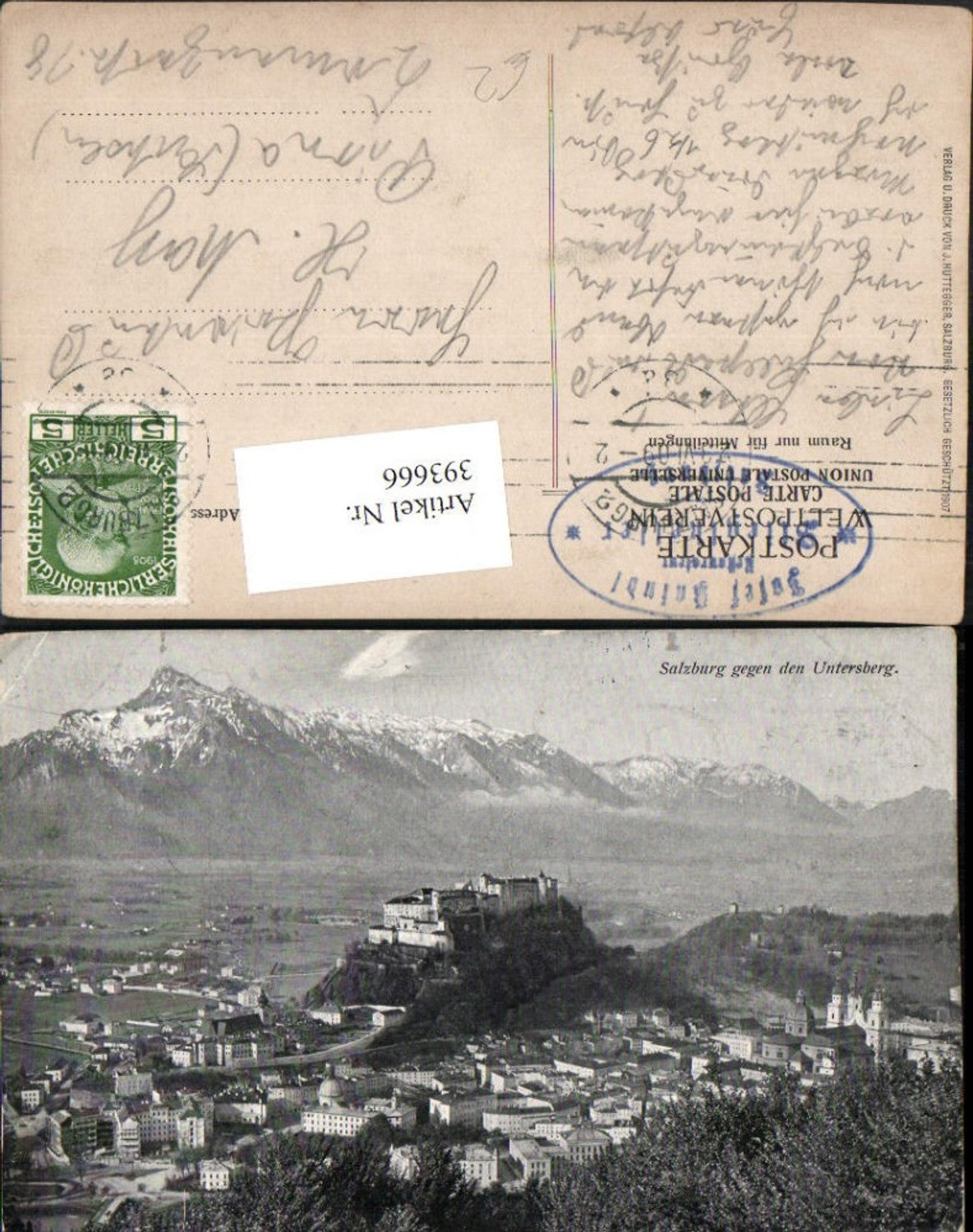 393666,Salzburg Totale m. Festung geg. Untersberg Bergkulisse
