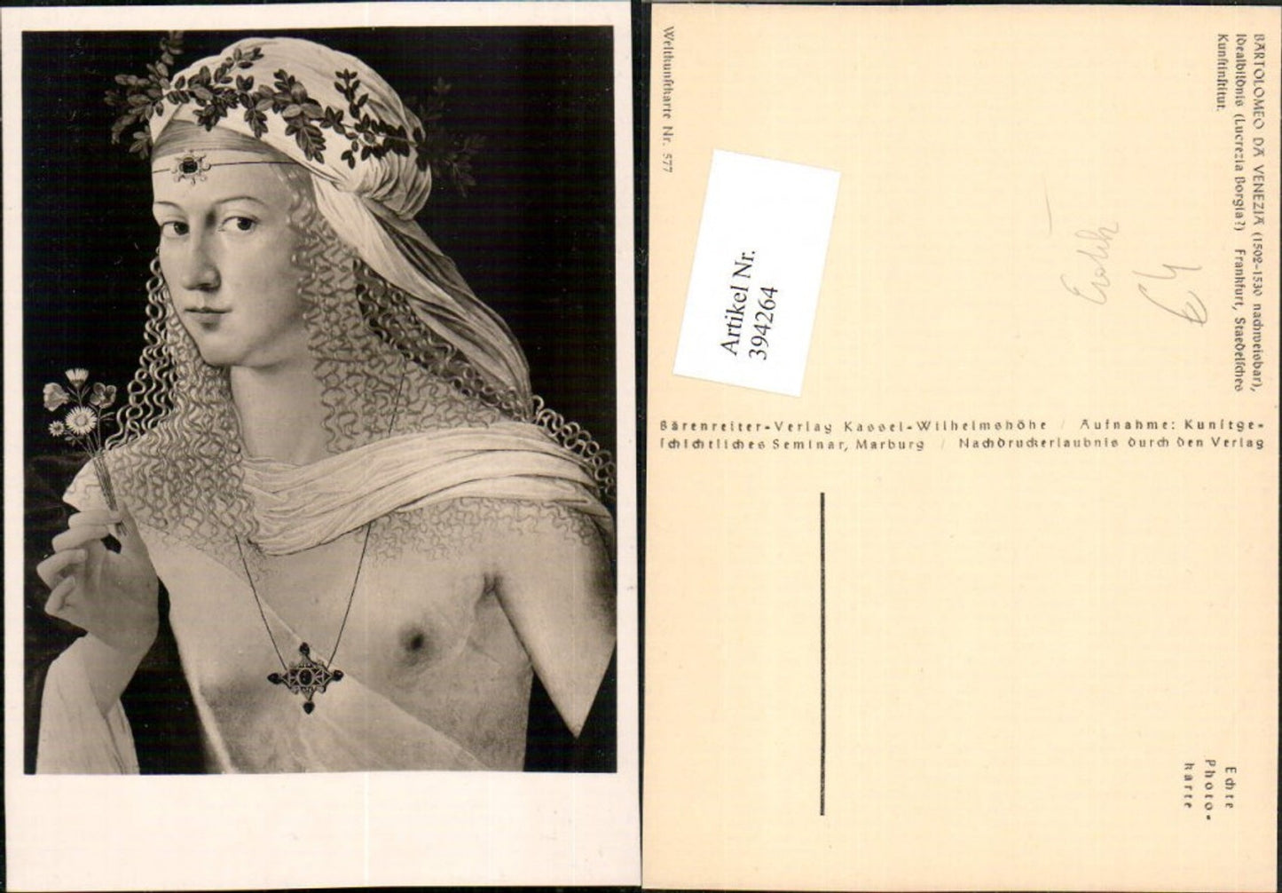 394264, Artist AK Bartolomeo da Venezia Ideal Portrait Bare-breasted Woman Erotica pub Bear Rider 577
