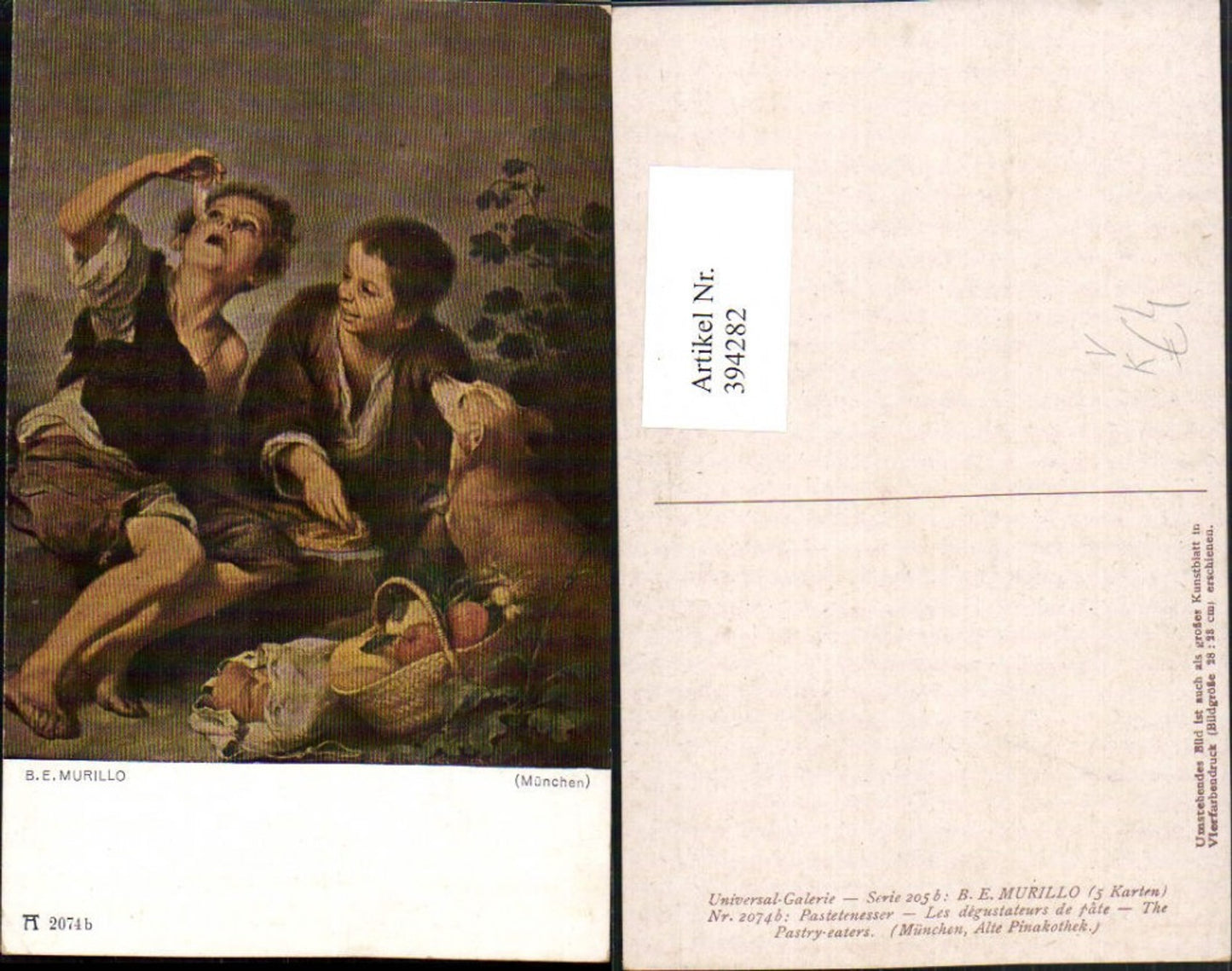 394282,Künstler AK B. E. Murillo Pastetenesser Kinder Hund Korb pub A. Ackermann 20774b