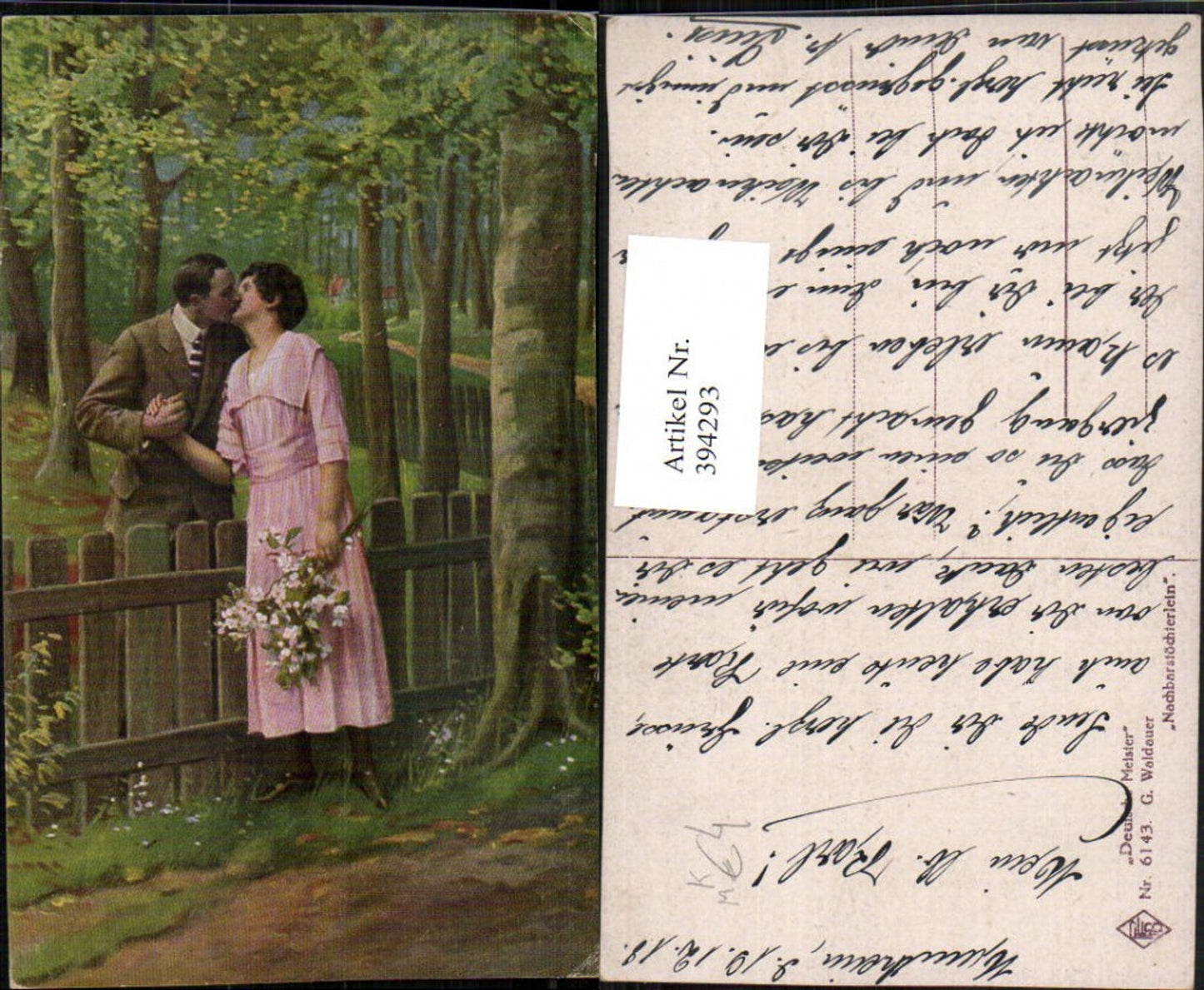 394293,Künstler AK G. Waldauer Nachbarstöchterlein Liebe Paar Kuss