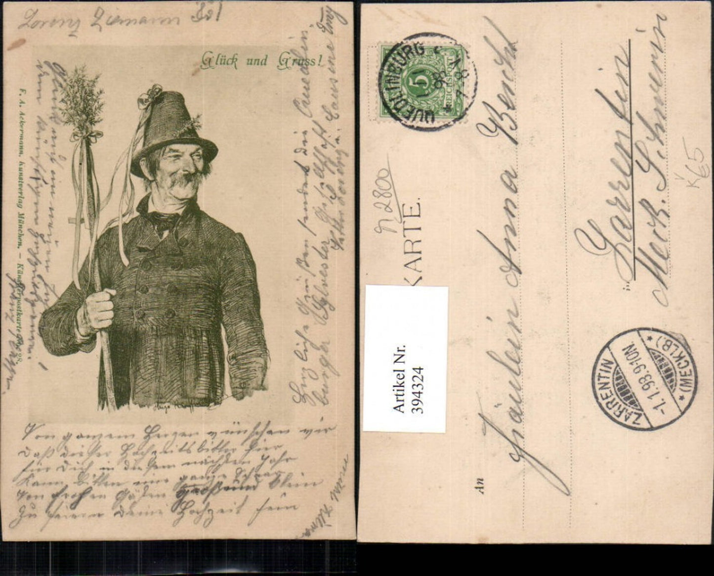 394324,Künstler AK Hugo Kauffmann Glück und Gruß Mann m. Hut Stock pub Ackermann 28