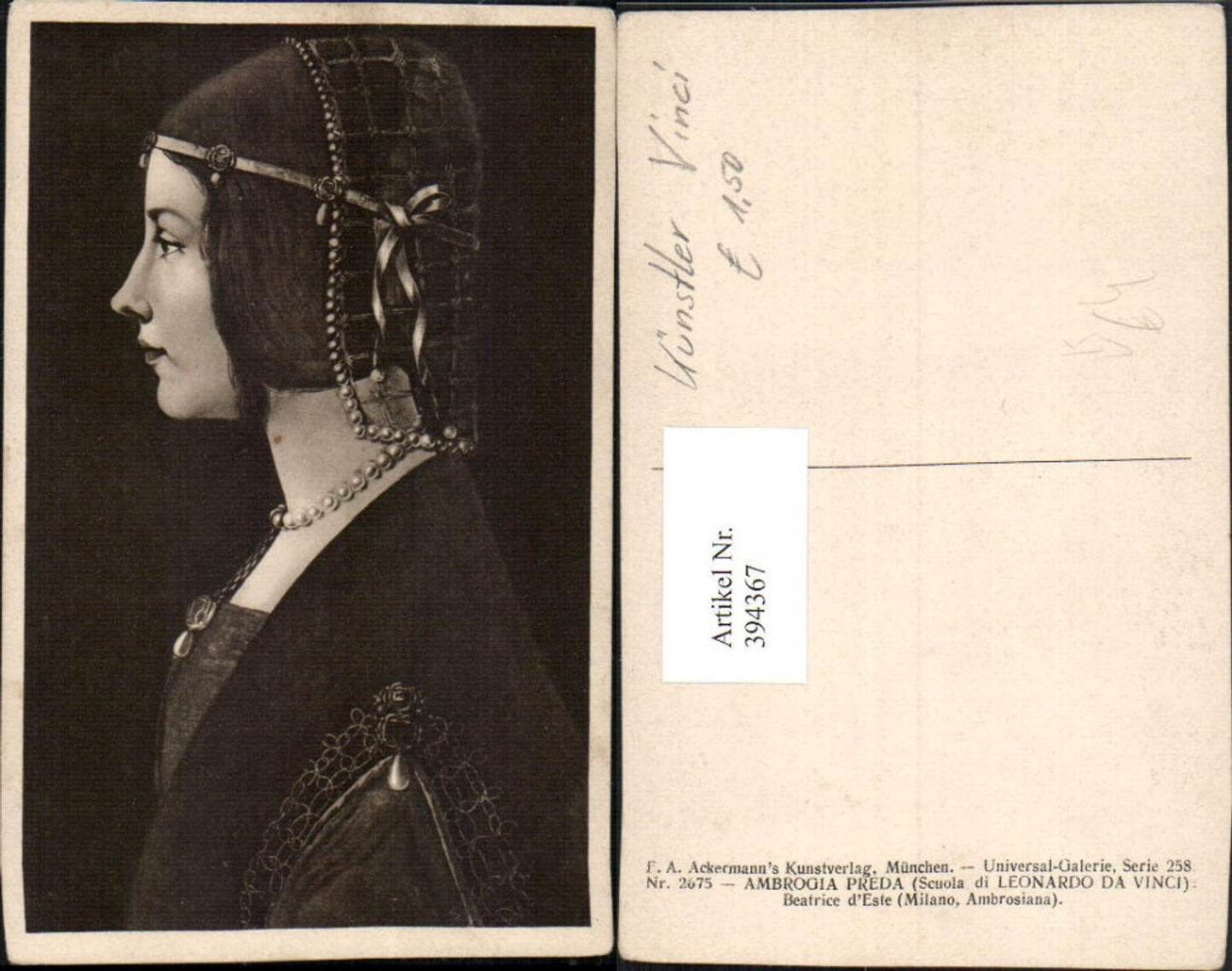 394367,Künstler AK Ambrogia Preda Beatrice Este Seitenportrait pub Ackermann 2675