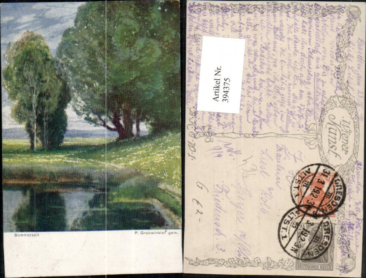 394375,Künstler AK P. Grabwinkler Sommerzeit Landschaft Teich Bäume pub B.K.W.I. 2299